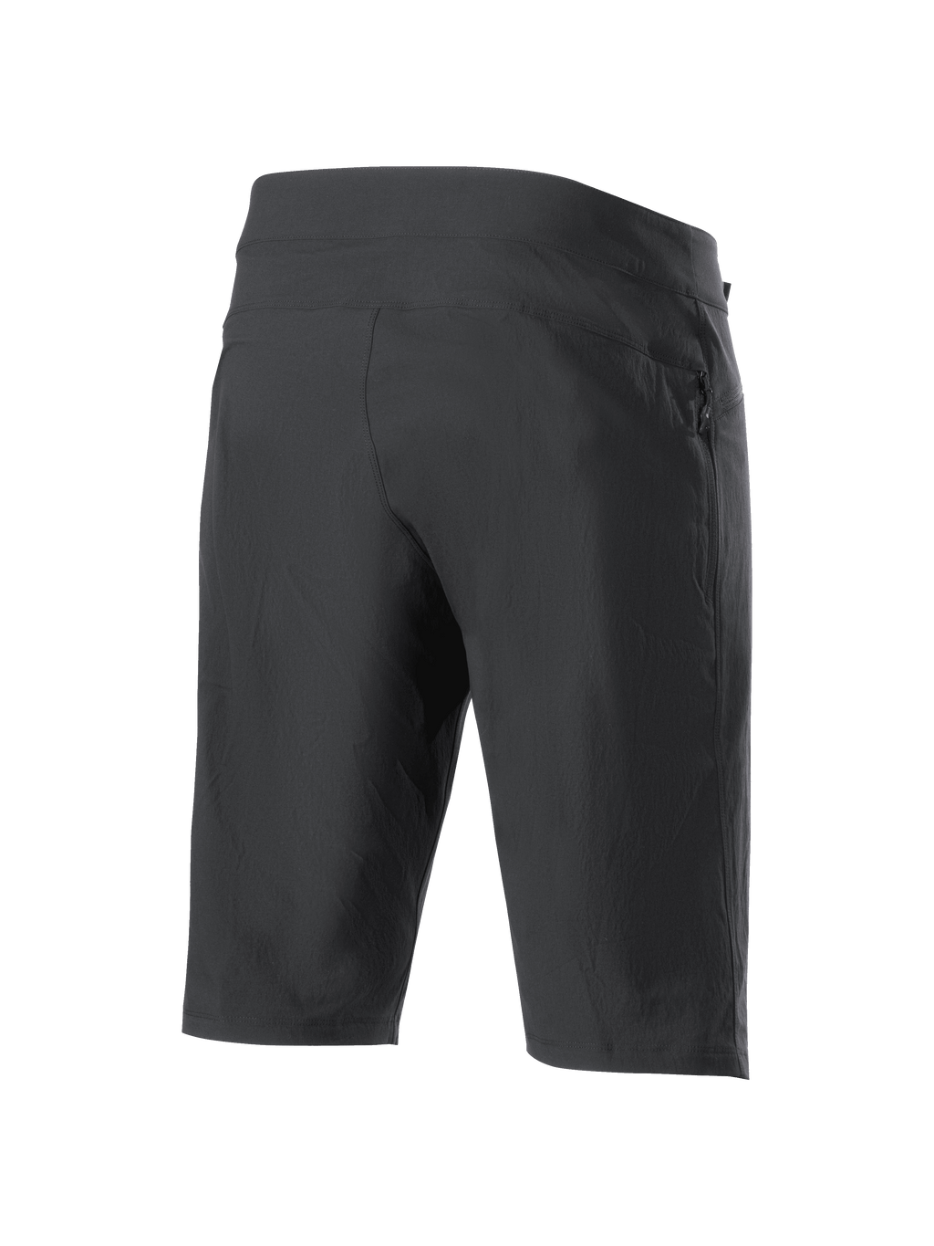 Alpinestars A-Dura Liner Shorts, pantaloncini MTB neri, vista posteriore di tre quarti, con tasca laterale con zip, tessuto elasticizzato resistente e design atletico essenziale per il ciclismo fuoristrada