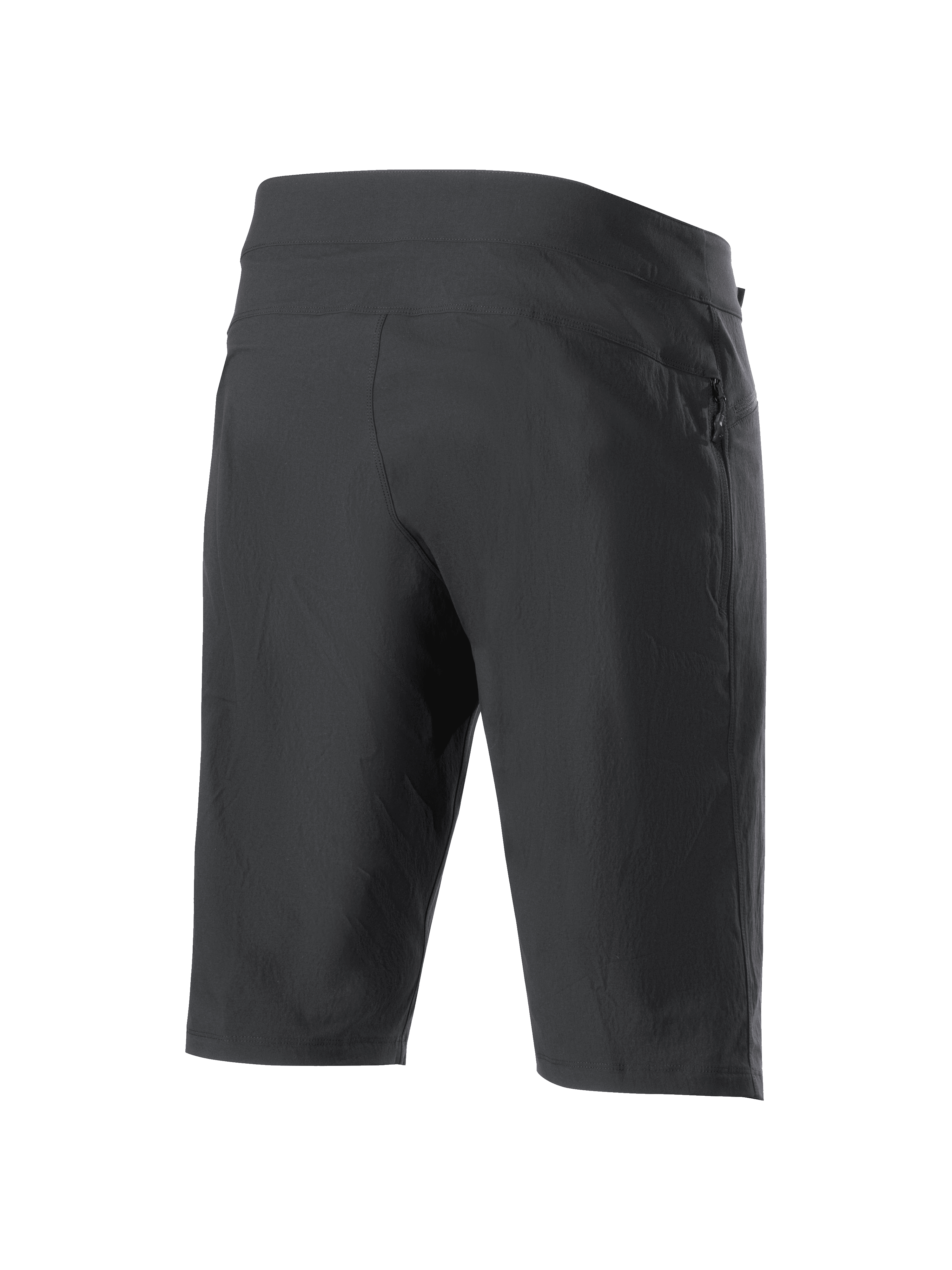 Alpinestars A-Dura Liner Shorts, pantaloncini MTB neri, vista posteriore di tre quarti, con tasca laterale con zip, tessuto elasticizzato resistente e design atletico essenziale per il ciclismo fuoristrada
