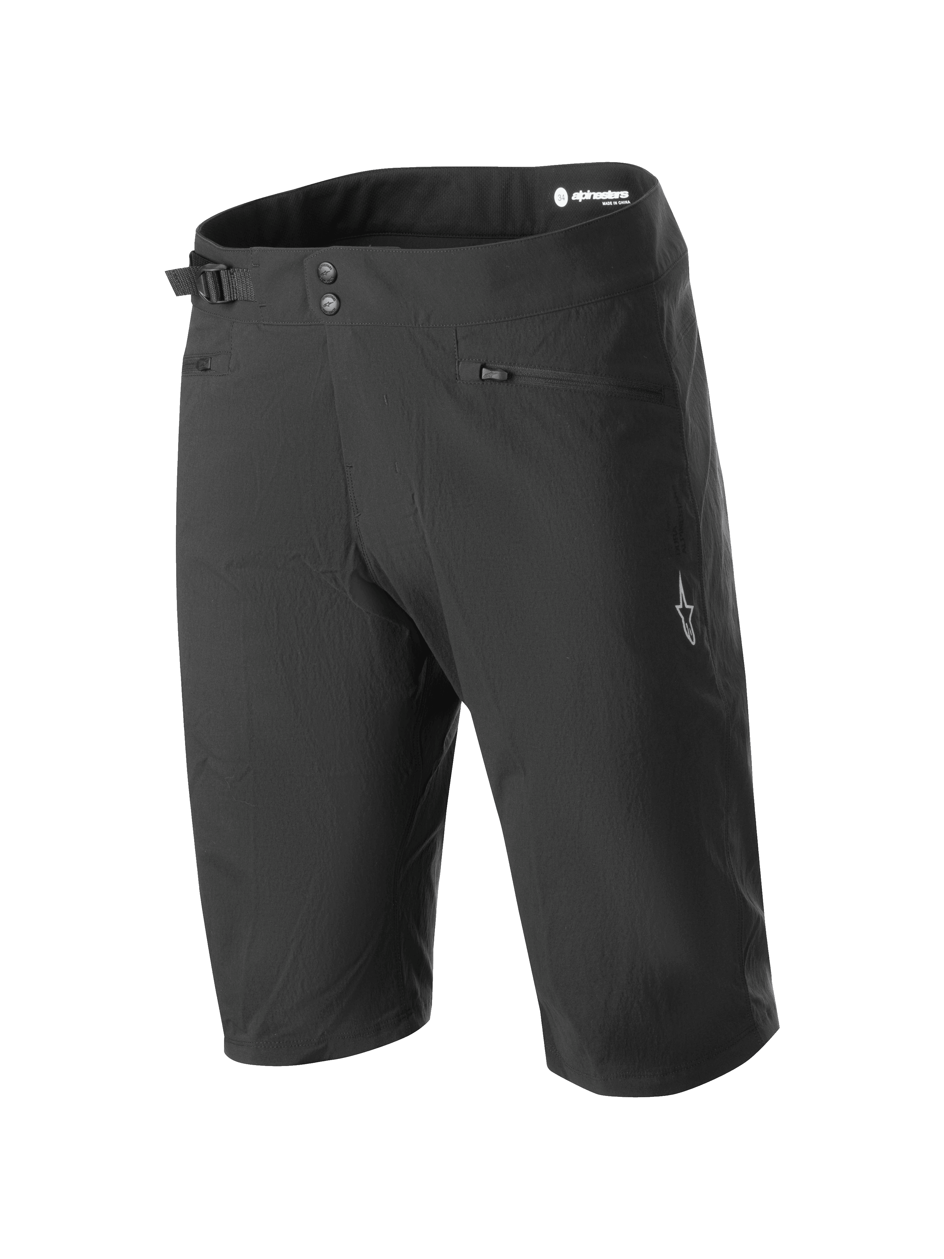 Alpinestars A-Dura Liner Shorts, pantaloncini da mountain bike neri, chiusura a doppio scatto con regolatore laterale della vita, tasche con zip, logo a stella bianco sulla gamba, tessuto resistente ed elastico per la guida MTB