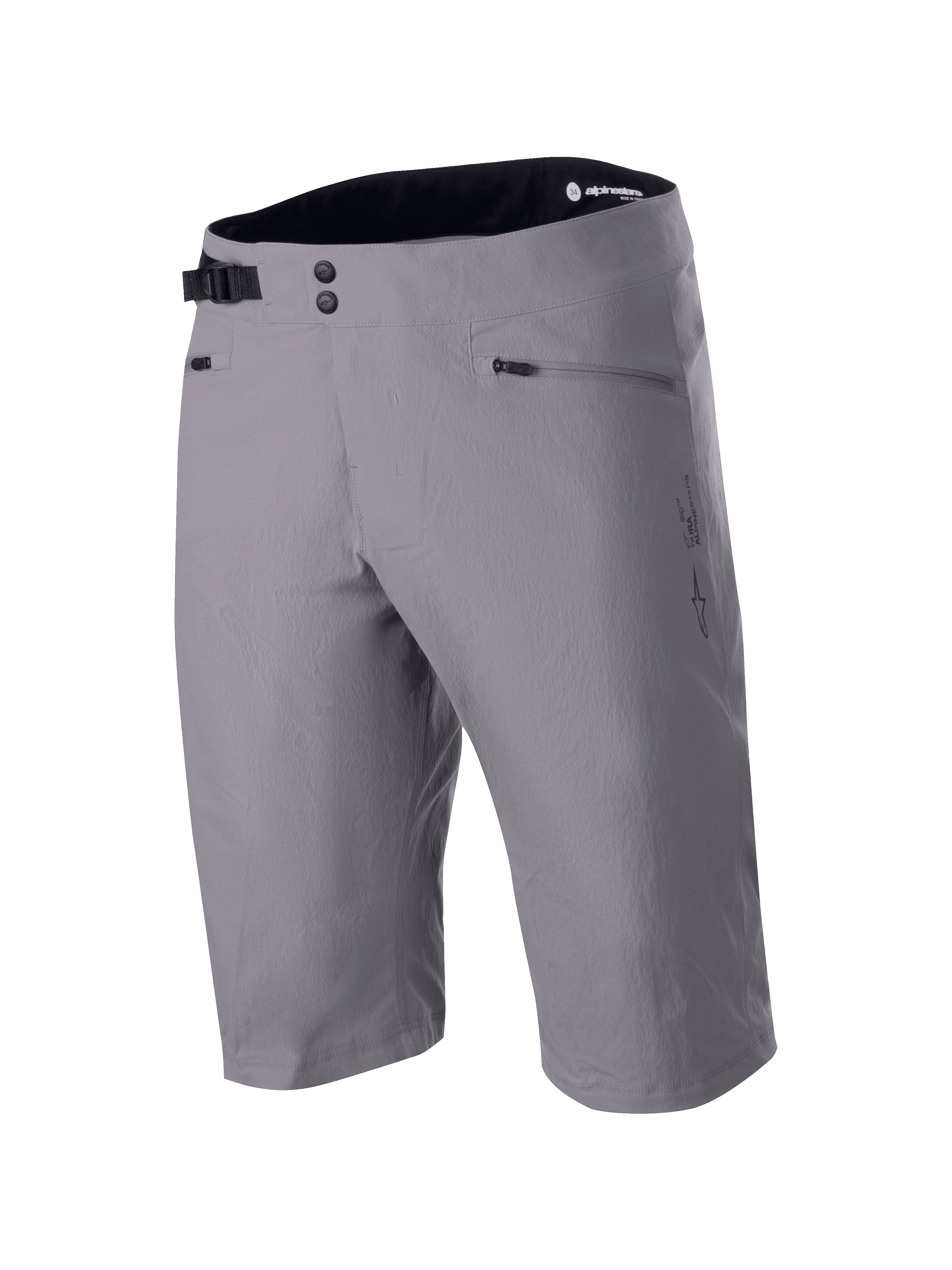 Pantaloncini Alpinestars A-Dura Liner, shorts da mountain bike MTB grigio scuro, chiusura anteriore a doppio bottone a pressione con fibbia laterale regolabile, tasche con zip, tessuto tecnico resistente elasticizzato in 2 direzioni, logo Astars laterale, interno vita nero