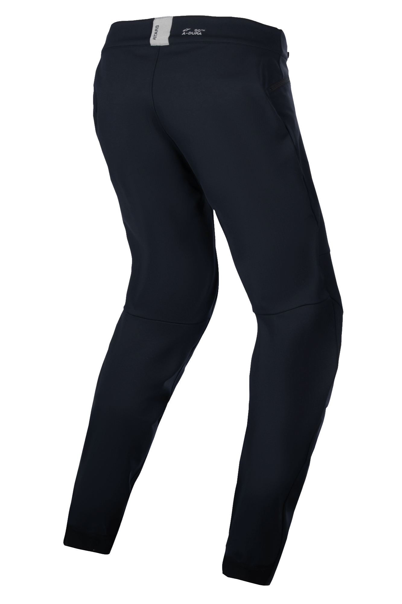 Alpinestars Stella A-Dura Thermal Pants, pantaloni da MTB da donna, nero, abbigliamento tecnico outdoor per il freddo, vista posteriore a tre quarti che evidenzia la vestibilità ergonomica pre-curvata e la fascia in vita posteriore con marchio ASTARS.