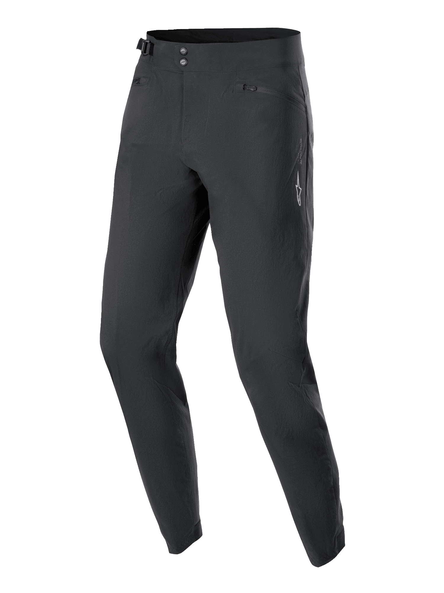 Alpinestars Pantaloni Donna Stella A-Dura, pantaloni da ciclismo MTB, nero, con doppia chiusura frontale a scatto, regolazione laterale in vita e tasche con zip, design minimalista con piccolo logo a stella bianco, tessuto elasticizzato resistente per la guida fuoristrada