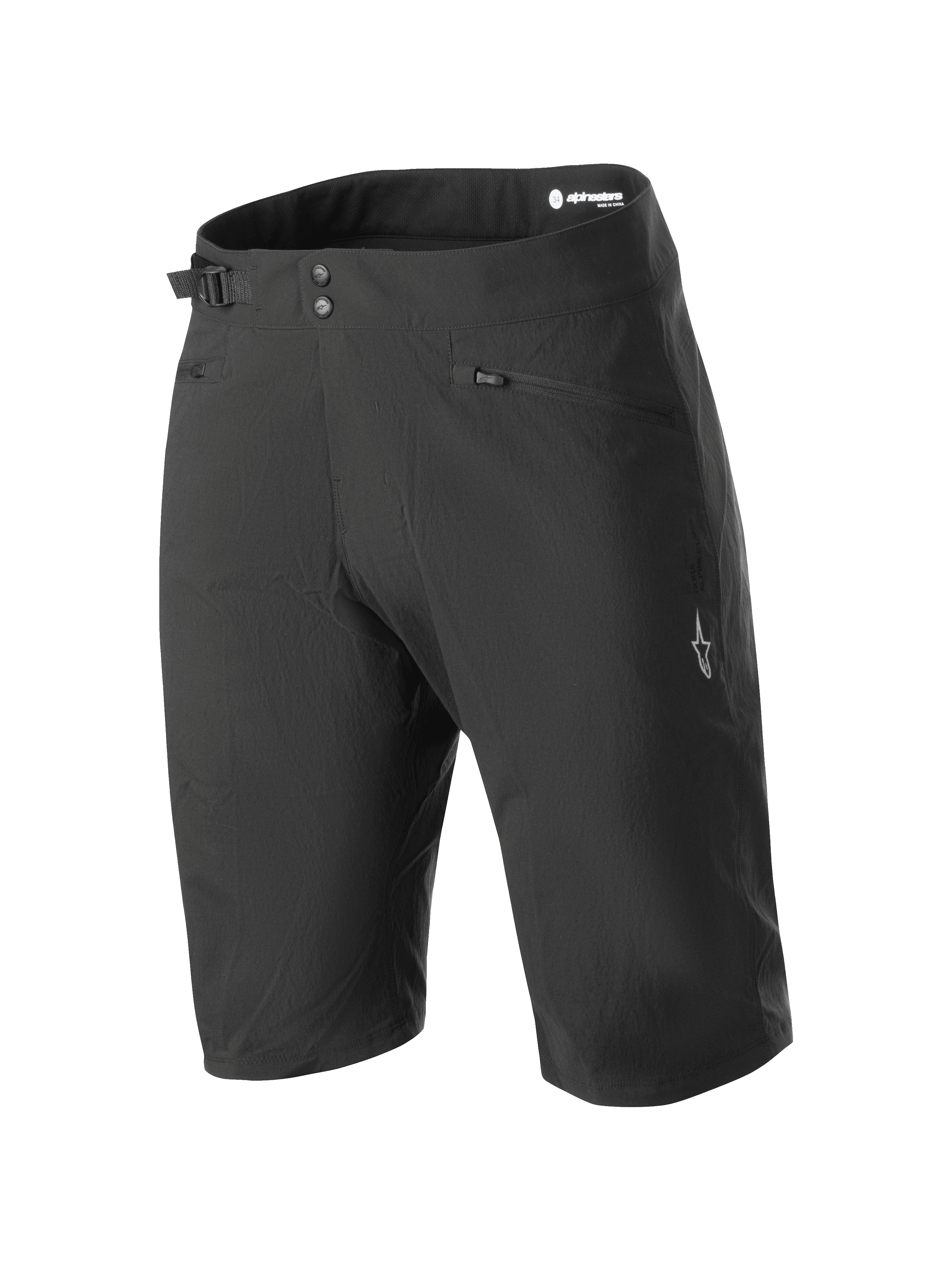 Alpinestars Stella A-Dura Liner Shorts, pantaloncini da mountain bike da donna neri, lunghezza al ginocchio con doppia chiusura a scatto e regolatore laterale, tasche con zip e logo a stella bianco sulla gamba, tessuto resistente elasticizzato in due direzioni per la guida MTB