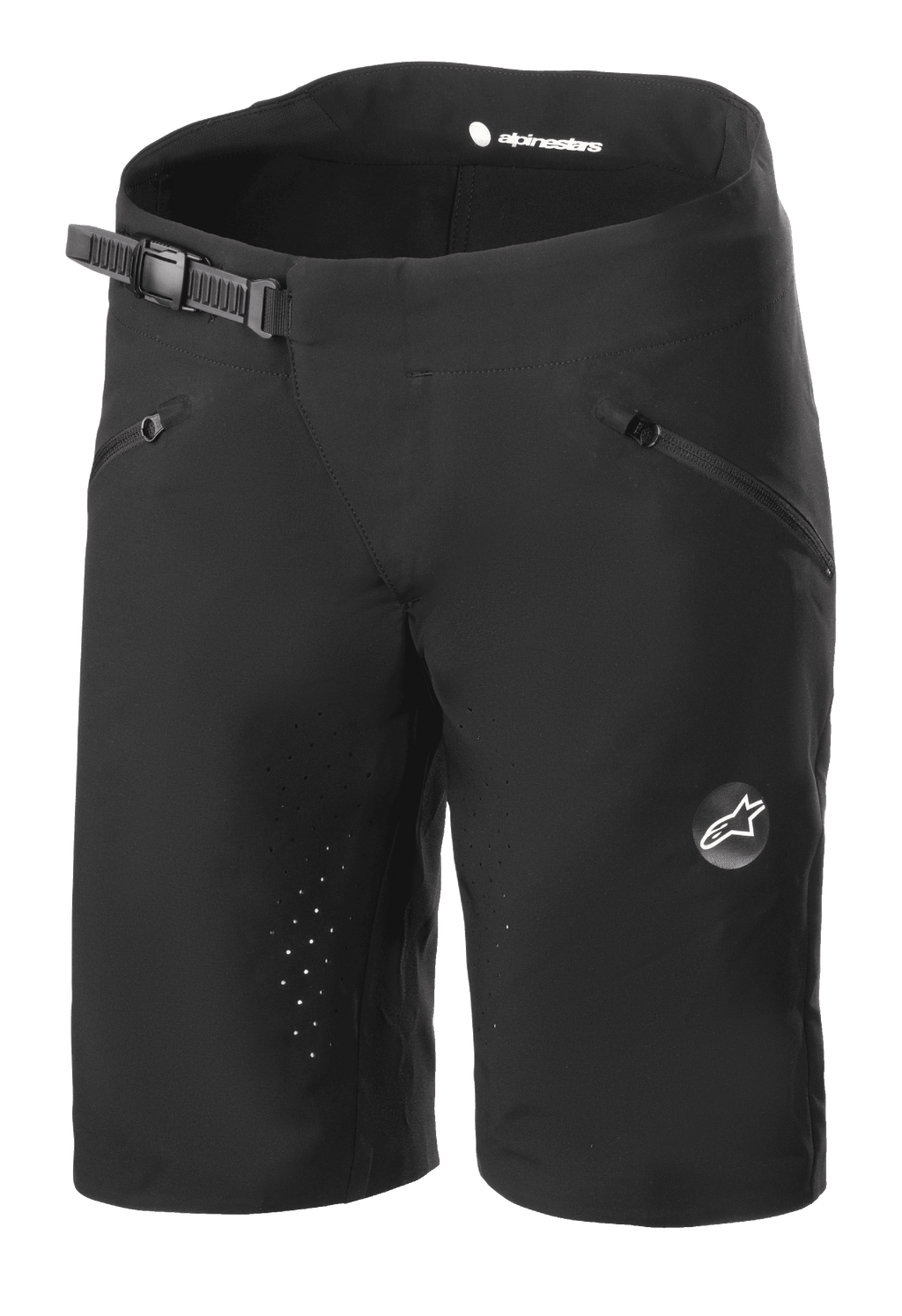 Alpinestars Stella Drop Algorithm Shorts da donna, pantaloncini da mountain bike, nero, con chiusura a cricchetto in vita, tasche anteriori con zip, cuciture interne perforate al laser per la ventilazione, tessuto tecnico leggero con logo Alpinestars sulla gamba