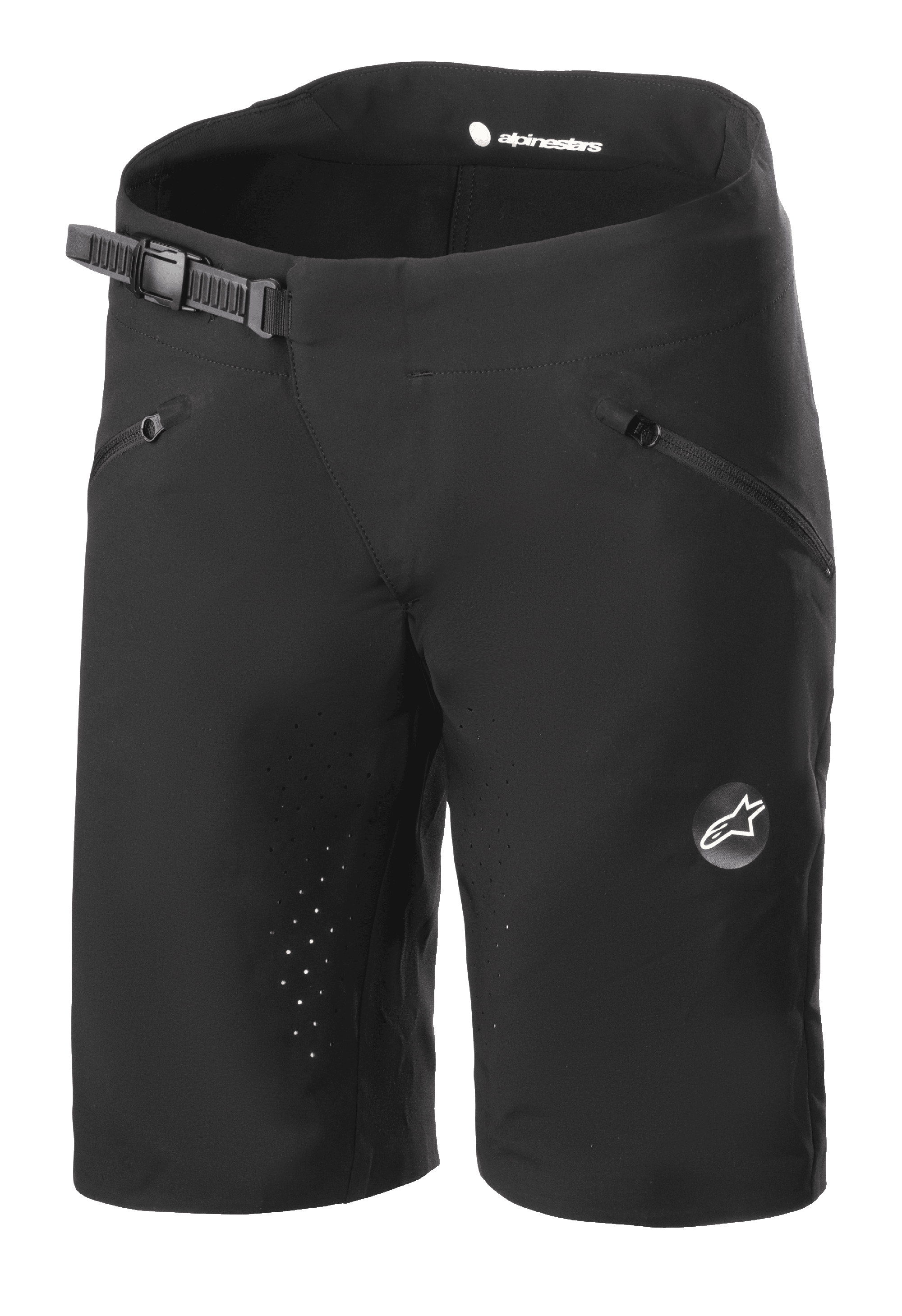 Alpinestars Stella Drop Algorithm Shorts da donna, pantaloncini da mountain bike, nero, con chiusura a cricchetto in vita, tasche anteriori con zip, cuciture interne perforate al laser per la ventilazione, tessuto tecnico leggero con logo Alpinestars sulla gamba