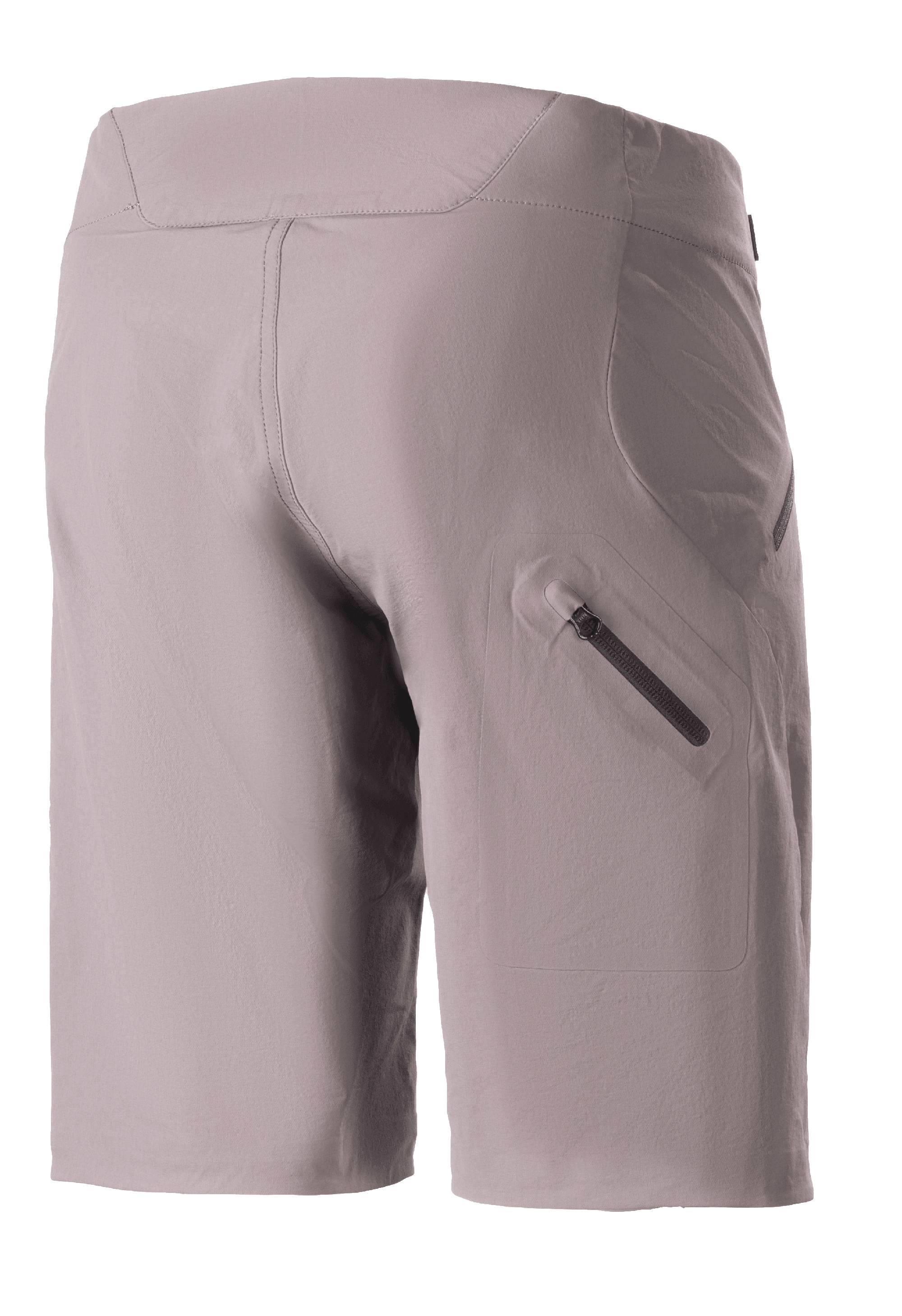 Alpinestars Stella Drop Algorithm Shorts da donna, pantaloncini da mountain bike, grigio Sparrow, vista posteriore con tasca sulla gamba saldata con zip, tessuto tecnico elasticizzato con vestibilità specifica per donna, progettati per il ciclismo trail e off-road ad alte prestazioni.
