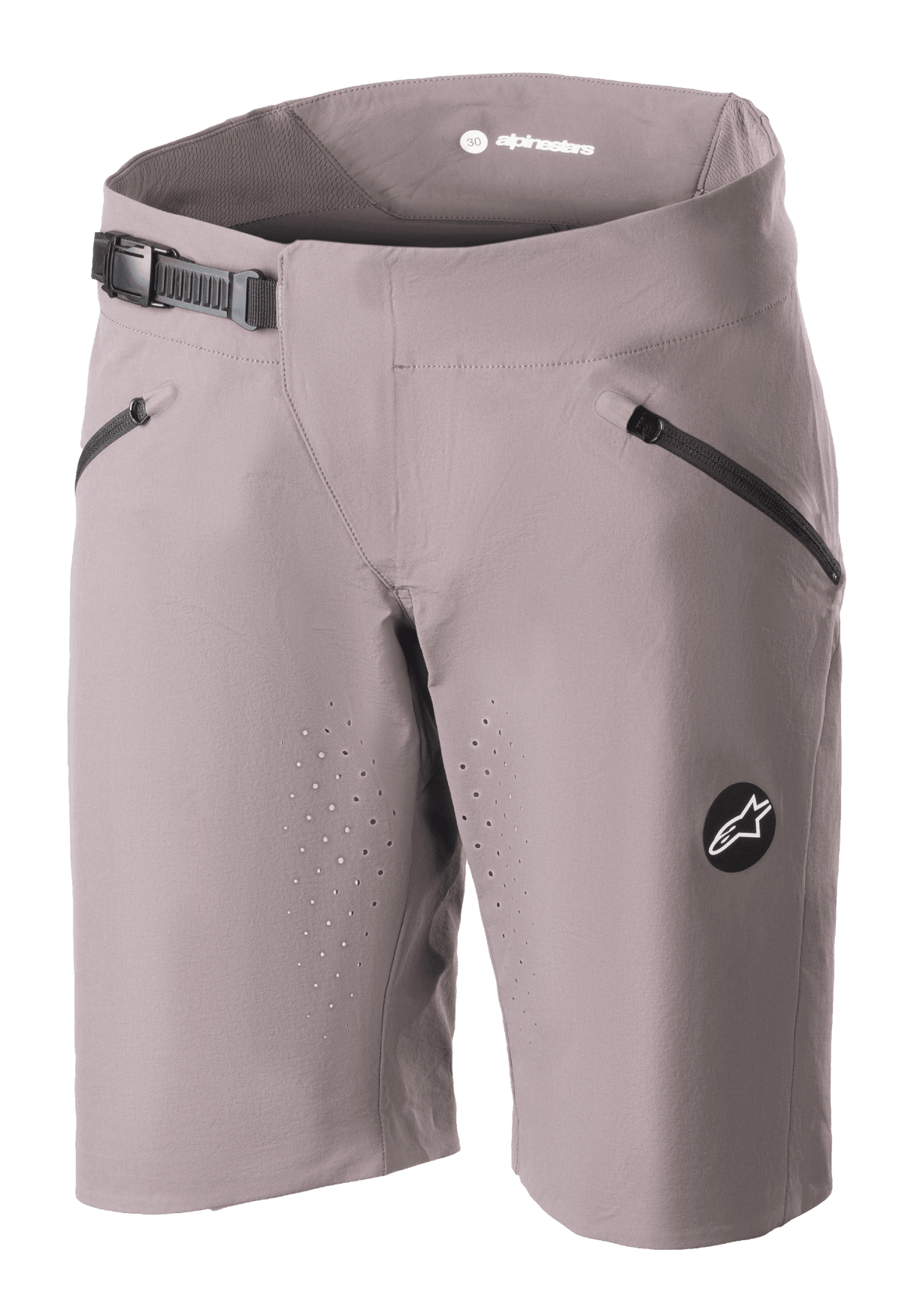 Pantaloncini Alpinestars Stella Drop Algorithm da donna, pantaloncini da MTB mountain bike, grigio Sparrow, con chiusura a cricchetto nera in vita, tasche anteriori con zip, fori di ventilazione perforati al laser e stemma con logo circolare, abbigliamento tecnico da ciclismo