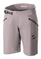 Pantaloncini Alpinestars Stella Drop Algorithm da donna, pantaloncini da MTB mountain bike, grigio Sparrow, con chiusura a cricchetto nera in vita, tasche anteriori con zip, fori di ventilazione perforati al laser e stemma con logo circolare, abbigliamento tecnico da ciclismo