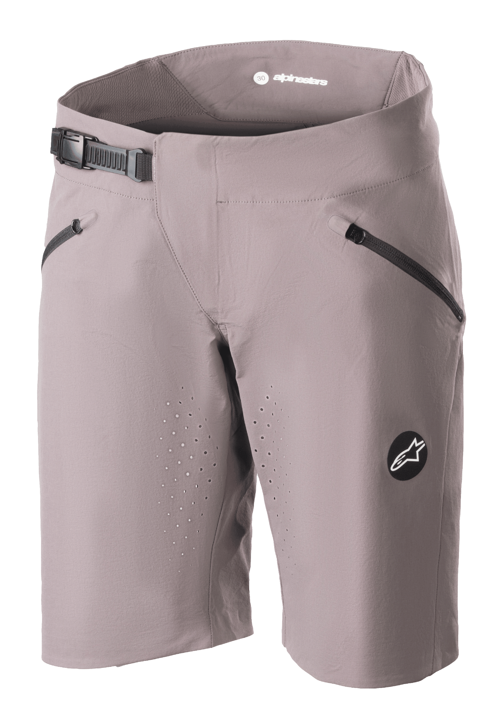 Pantaloncini Alpinestars Stella Drop Algorithm da donna, pantaloncini da MTB mountain bike, grigio Sparrow, con chiusura a cricchetto nera in vita, tasche anteriori con zip, fori di ventilazione perforati al laser e stemma con logo circolare, abbigliamento tecnico da ciclismo
