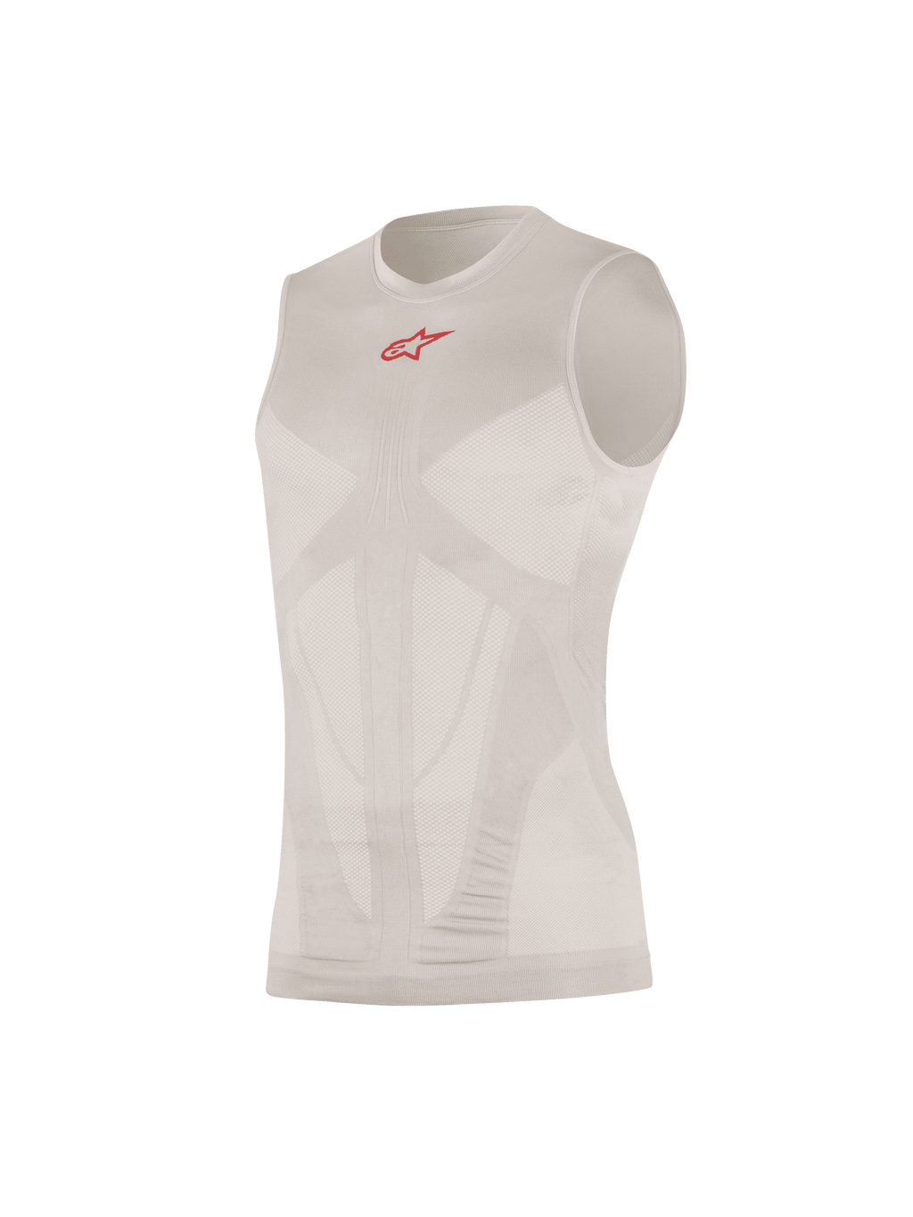 Alpinestars Tech Tank Summer, canotta tecnica senza maniche, Silver Red, con un piccolo logo rosso sul petto, pannelli di ventilazione in mesh con mappatura corporea, costruzione tubolare senza cuciture, maglia tecnica ultraleggera