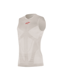 Alpinestars Tech Tank Summer, canotta tecnica senza maniche, Silver Red, con un piccolo logo rosso sul petto, pannelli di ventilazione in mesh con mappatura corporea, costruzione tubolare senza cuciture, maglia tecnica ultraleggera