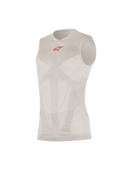 Alpinestars Tech Tank Summer, canotta tecnica senza maniche, Silver Red, con un piccolo logo rosso sul petto, pannelli di ventilazione in mesh con mappatura corporea, costruzione tubolare senza cuciture, maglia tecnica ultraleggera