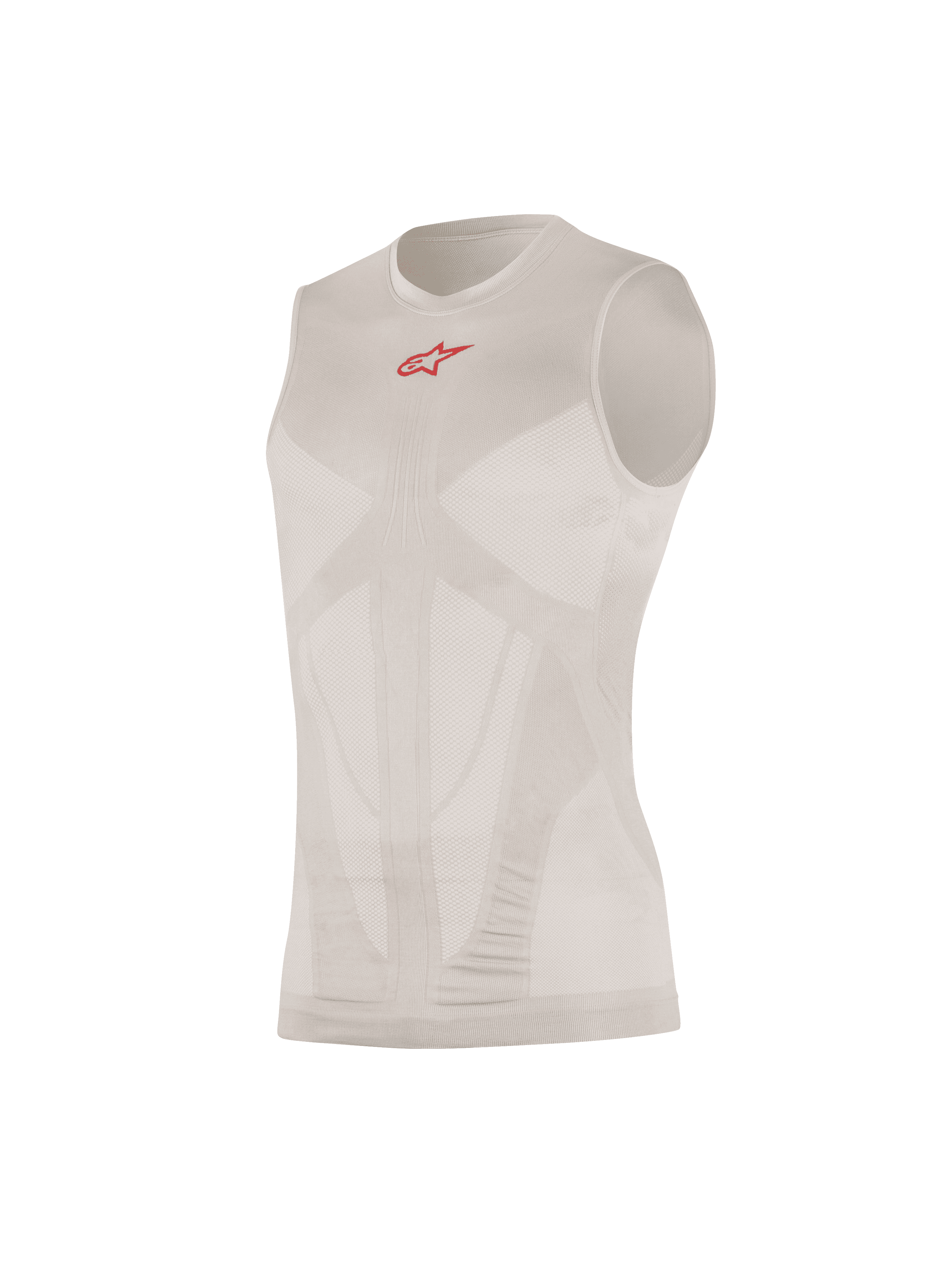 Alpinestars Tech Tank Summer, canotta tecnica senza maniche, Silver Red, con un piccolo logo rosso sul petto, pannelli di ventilazione in mesh con mappatura corporea, costruzione tubolare senza cuciture, maglia tecnica ultraleggera
