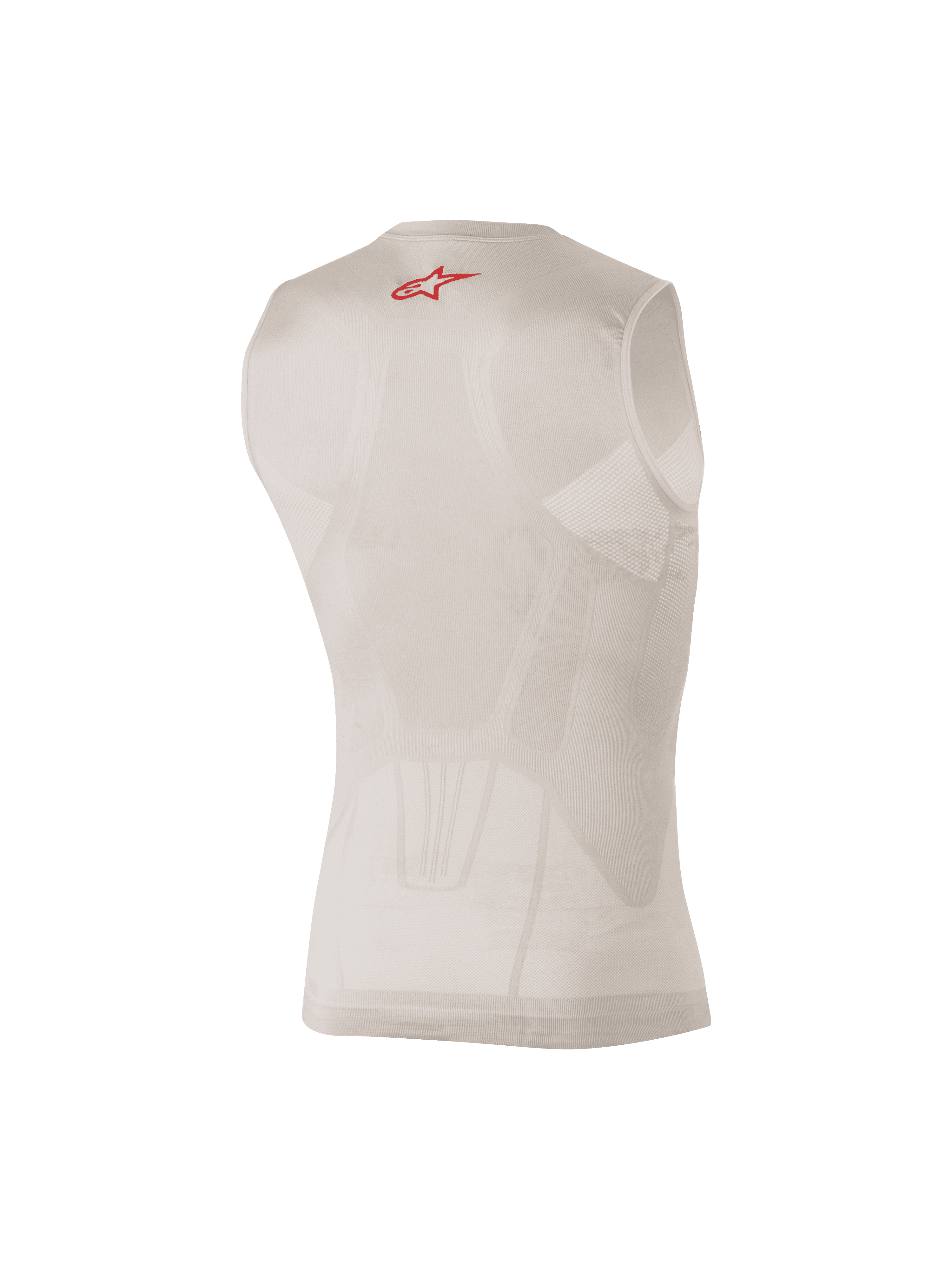Alpinestars Tech Tank Summer, base layer smanicato argento e rosso, vista posteriore con pannelli in mesh a mappatura corporea e un piccolo logo rosso sulla schiena, progettato per la traspirazione e il raffreddamento sotto abbigliamento da motocross o MTB.