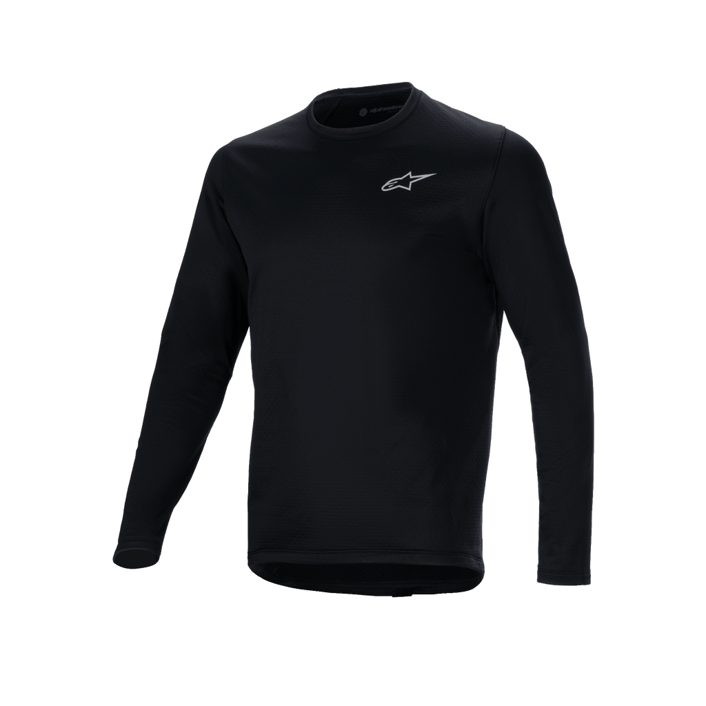 Alpinestars A-Dura Thermal Jersey, maglia da ciclismo a maniche lunghe nera, piccolo logo Alpinestars bianco sul petto, coda allungata per copertura posteriore, fodera in pile isolante per mountain bike in climi freddi