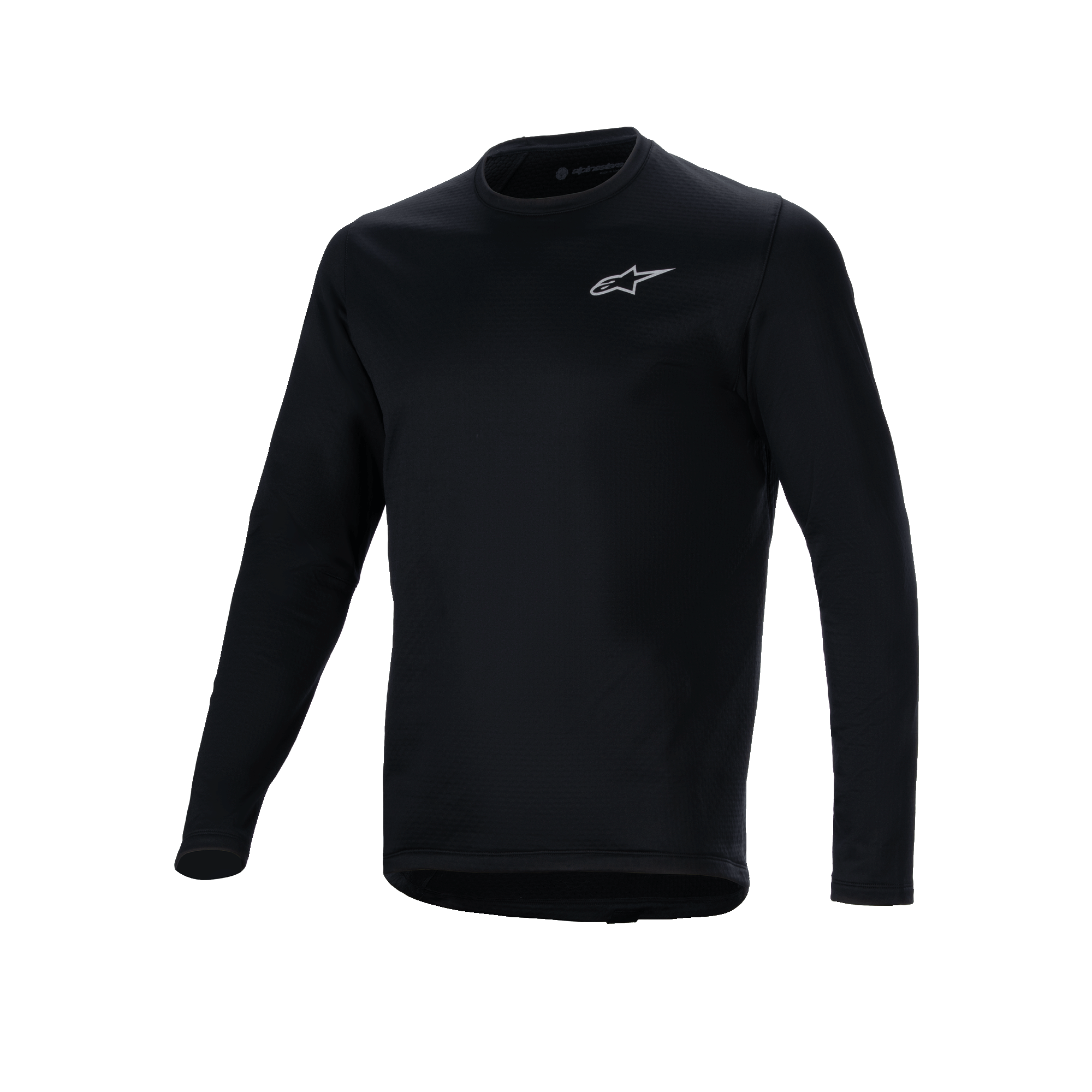 Alpinestars A-Dura Thermal Jersey, maglia da ciclismo a maniche lunghe nera, piccolo logo Alpinestars bianco sul petto, coda allungata per copertura posteriore, fodera in pile isolante per mountain bike in climi freddi