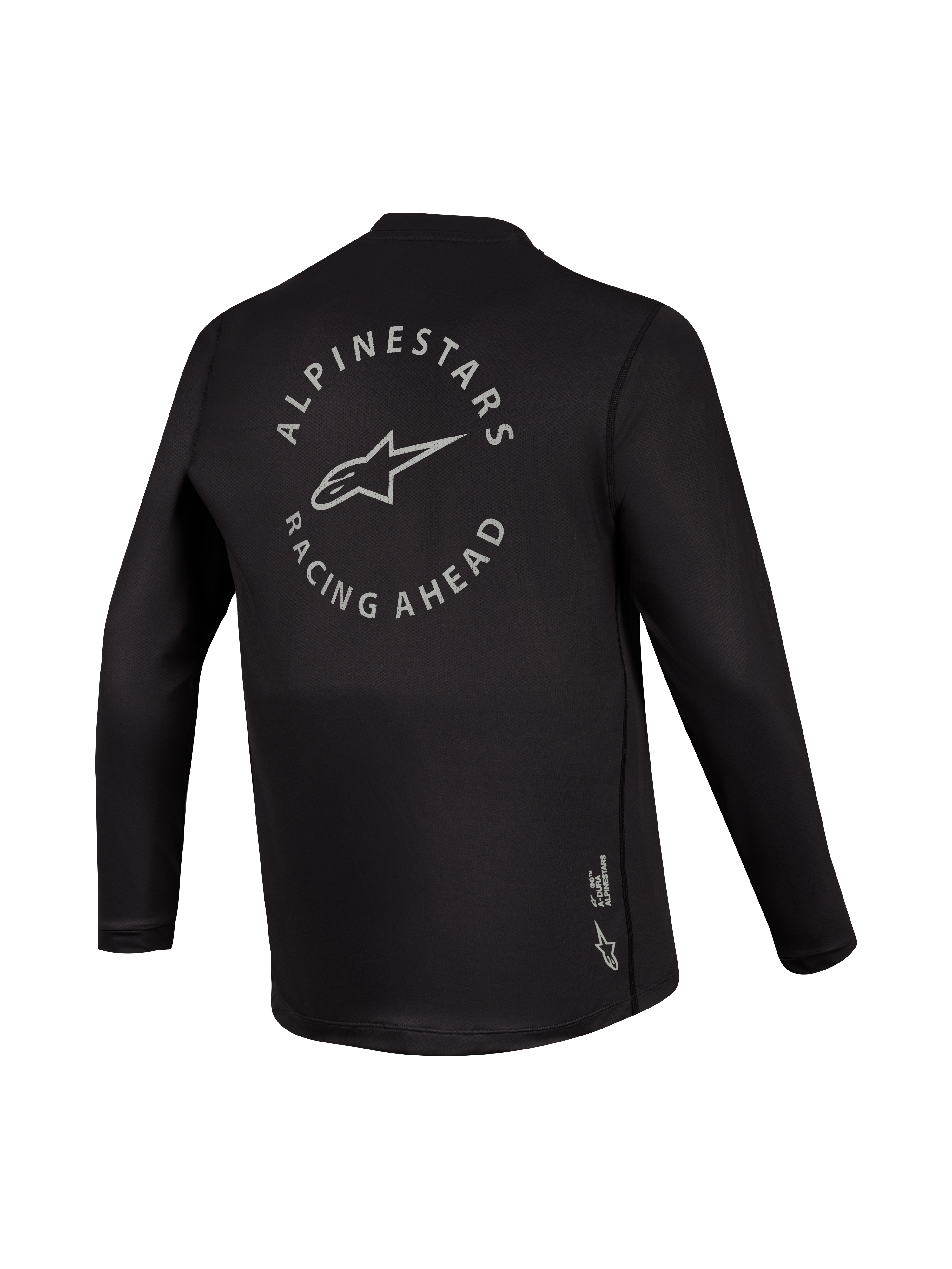 Maglia nera A-Dura Air a maniche lunghe, retro con grafica grigia Racing Ahead, abbigliamento da MTB traspirante.