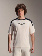 Alpinestars A-Aria Polartec Elite Jersey, maglia da mountain bike a maniche corte, ecru con pannelli neri sulle spalle, logo astars nero sul petto, abbigliamento MTB performance fit