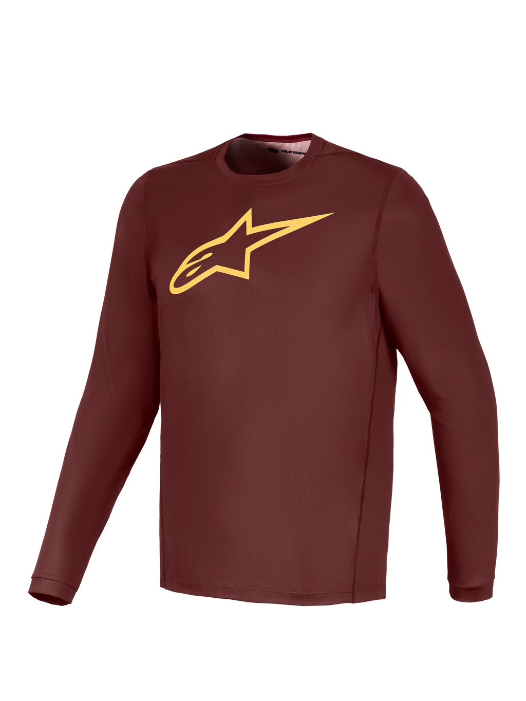 Maglia a maniche lunghe A-Dura Ride bordeaux con logo Alpinestars giallo, abbigliamento tecnico leggero da MTB.