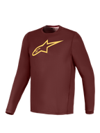 Maglia a maniche lunghe A-Dura Ride bordeaux con logo Alpinestars giallo, abbigliamento tecnico leggero da MTB.
