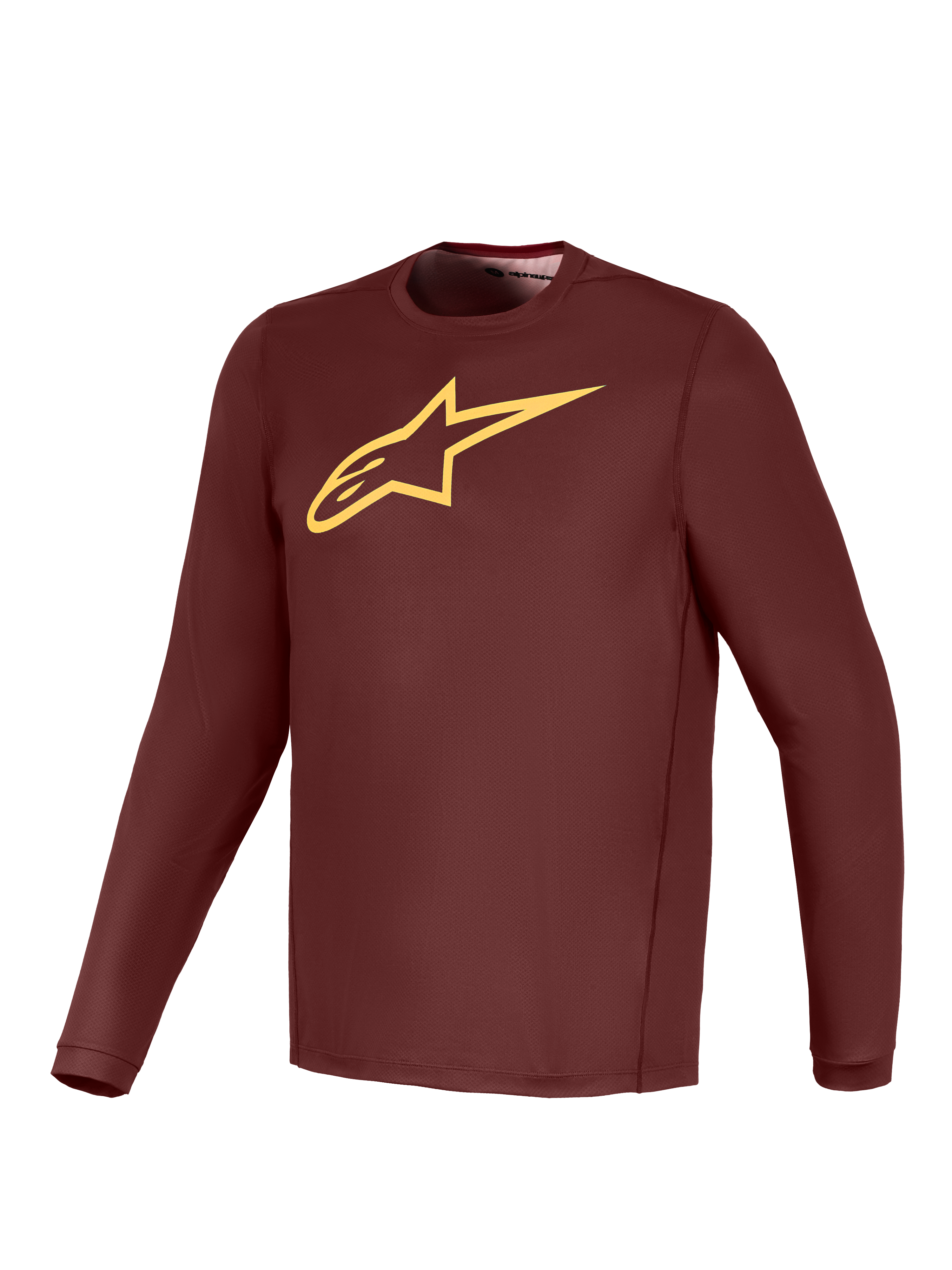 Maglia a maniche lunghe A-Dura Ride bordeaux con logo Alpinestars giallo, abbigliamento tecnico leggero da MTB.