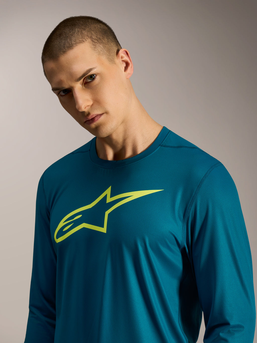 Maglia A-Dura Ride blu-verde a maniche lunghe con logo Alpinestars lime sul petto, abbigliamento tecnico per MTB