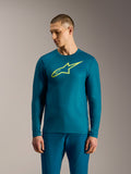 Maglia a maniche lunghe A-Dura Ride blu-verde con logo Alpinestars giallo lime, abbigliamento tecnico da mountain bike.