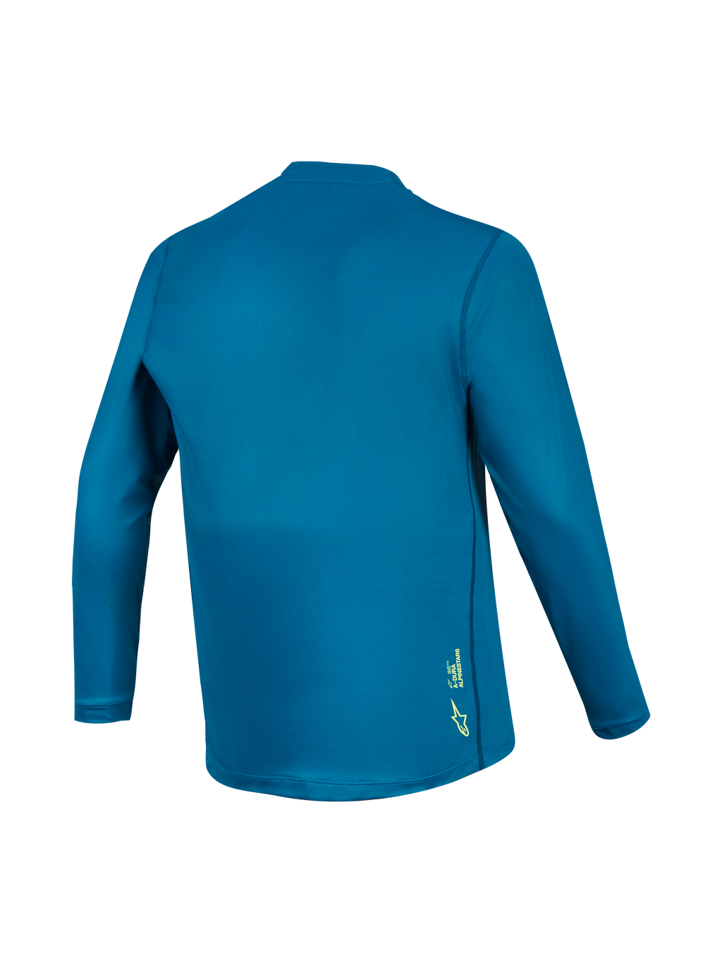 Alpinestars A-Dura Ride Maglia MTB maniche lunghe blu-verde, vista posteriore in tessuto tecnico e piccolo logo giallo.