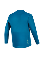 Alpinestars A-Dura Ride Maglia MTB maniche lunghe blu-verde, vista posteriore in tessuto tecnico e piccolo logo giallo.