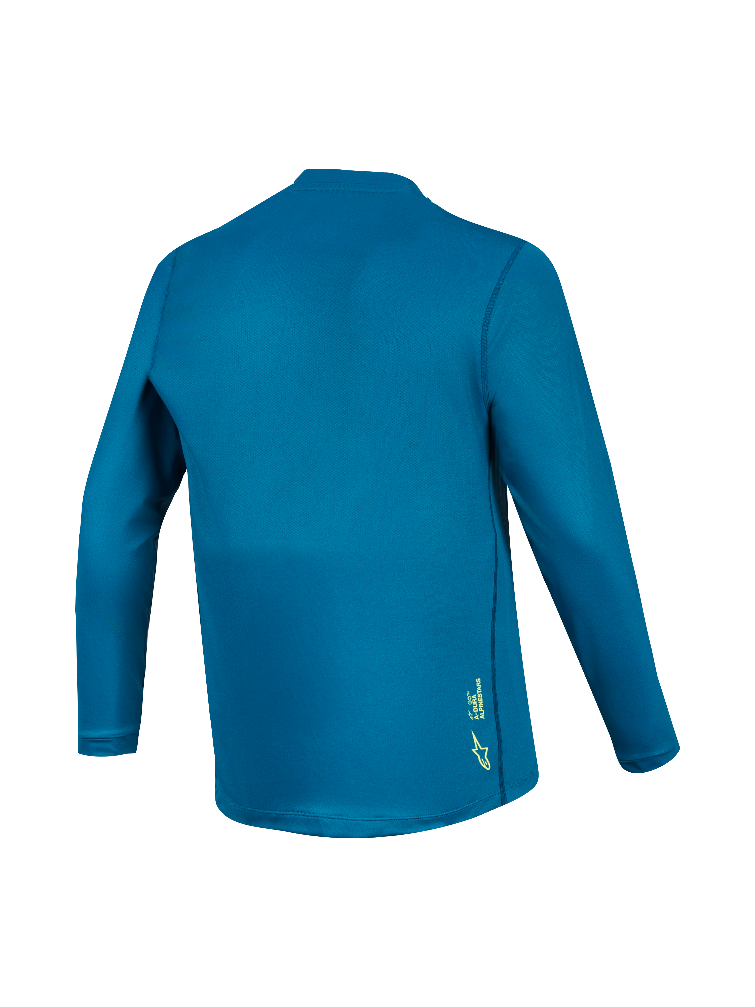 Alpinestars A-Dura Ride Maglia MTB maniche lunghe blu-verde, vista posteriore in tessuto tecnico e piccolo logo giallo.