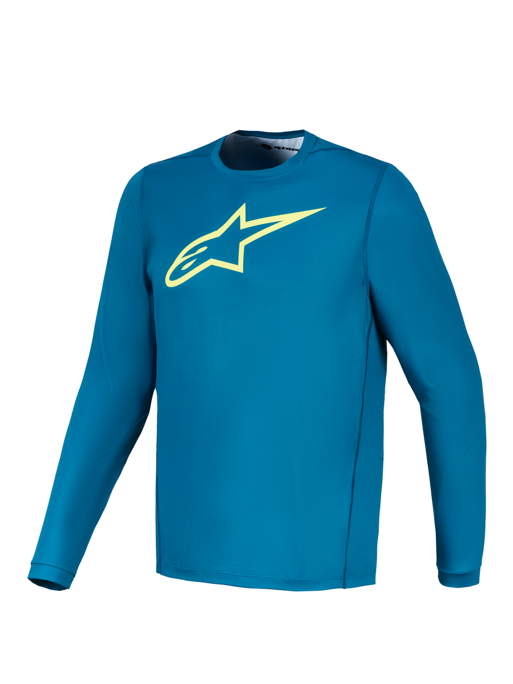 Alpinestars A-Dura Ride Maglia a maniche lunghe blu verde con logo Astars giallo lime, abbigliamento tecnico MTB.