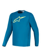 Alpinestars A-Dura Ride Maglia a maniche lunghe blu verde con logo Astars giallo lime, abbigliamento tecnico MTB.