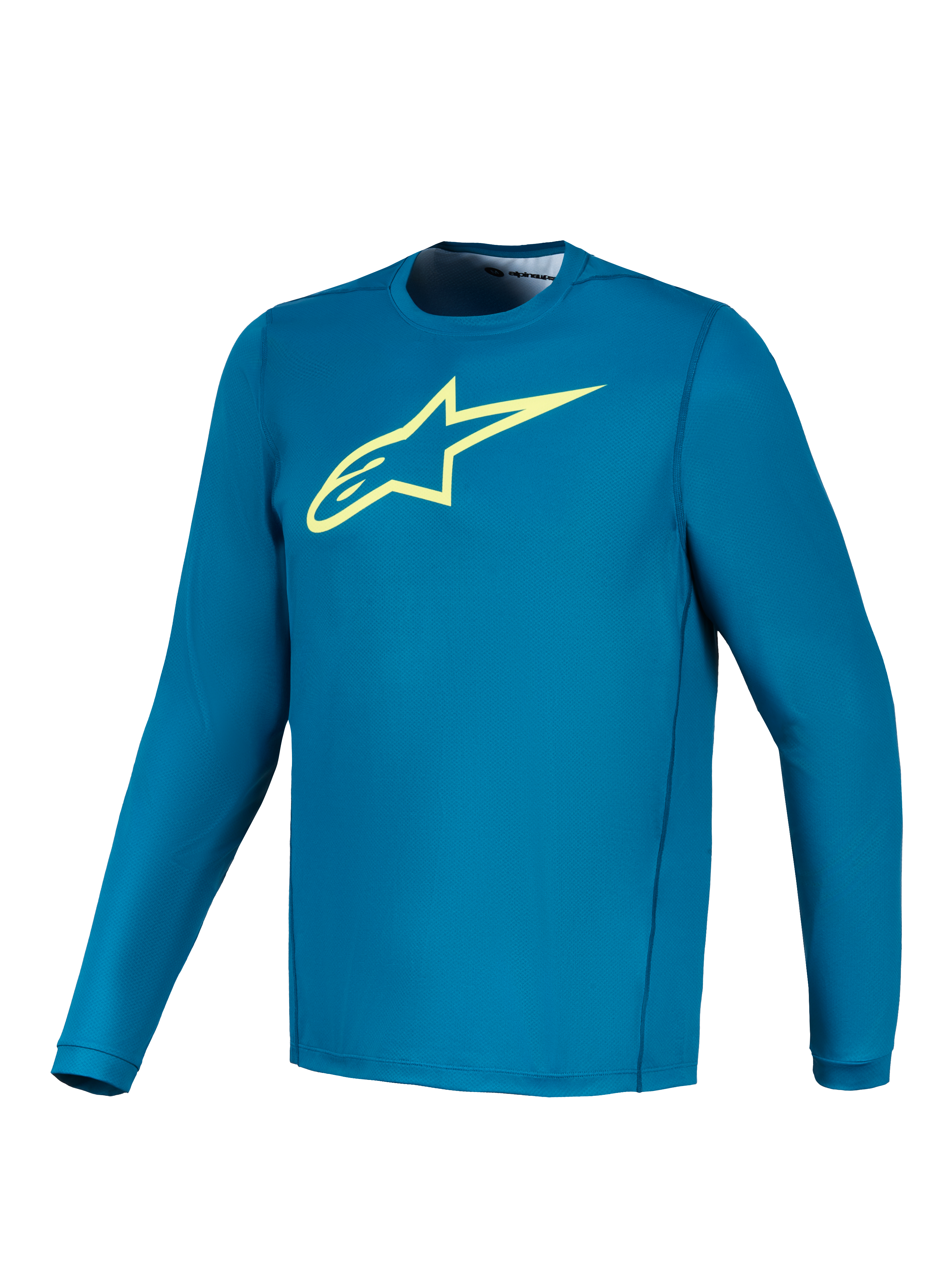 Alpinestars A-Dura Ride Maglia a maniche lunghe blu verde con logo Astars giallo lime, abbigliamento tecnico MTB.