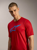 Maglia A-Dura Ride rossa a maniche corte, logo Astars blu, abbigliamento MTB performante per trail riding.