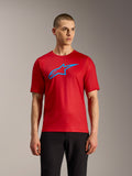 Maglia Alpinestars A-Dura Ride rossa a maniche corte con logo blu, abbigliamento MTB leggero e performante.