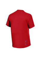 Maglia Alpinestars A-Dura Ride rossa, vista posteriore in tessuto jacquard traspirante e piccolo logo blu.