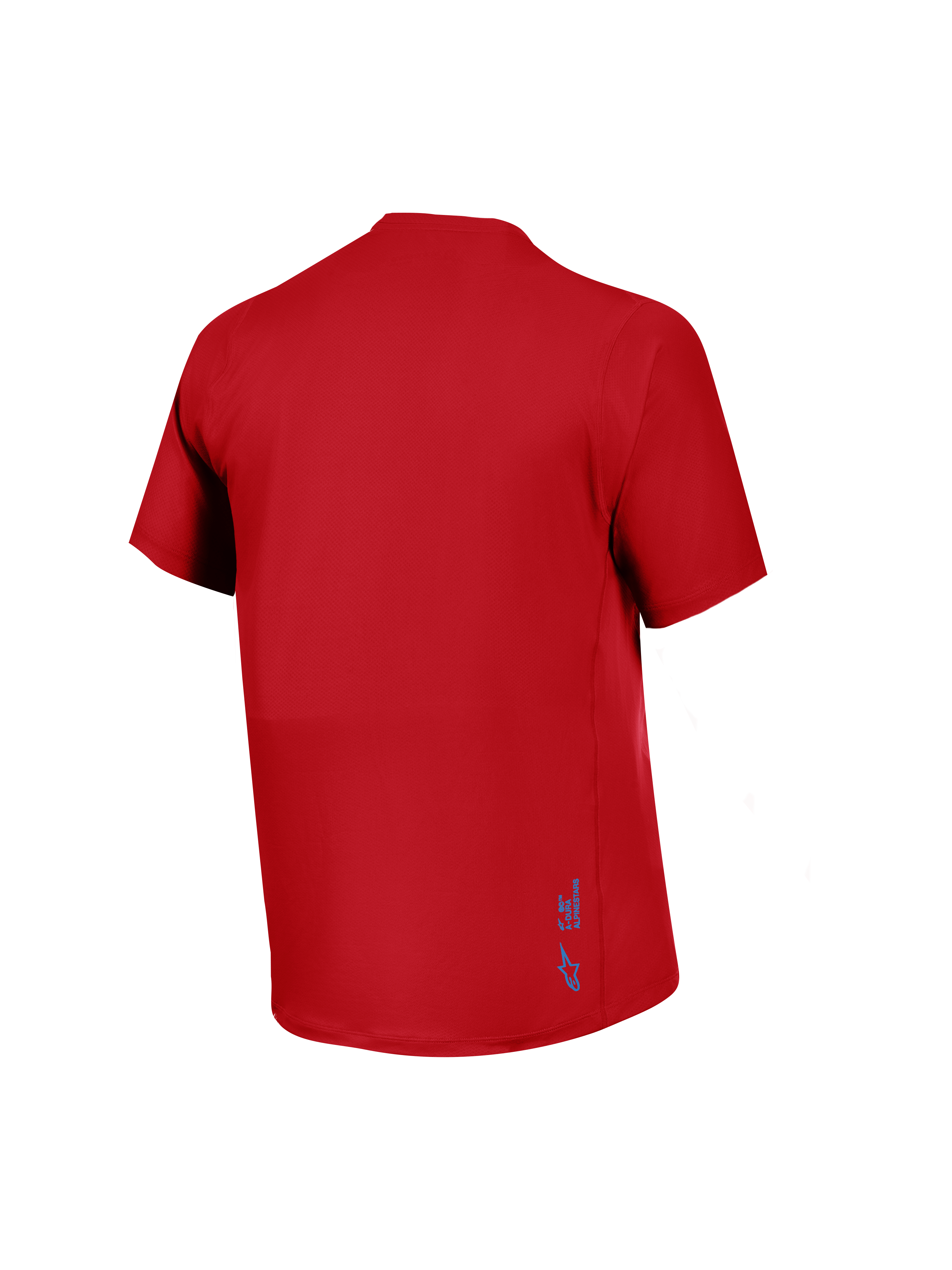 Maglia Alpinestars A-Dura Ride rossa, vista posteriore in tessuto jacquard traspirante e piccolo logo blu.