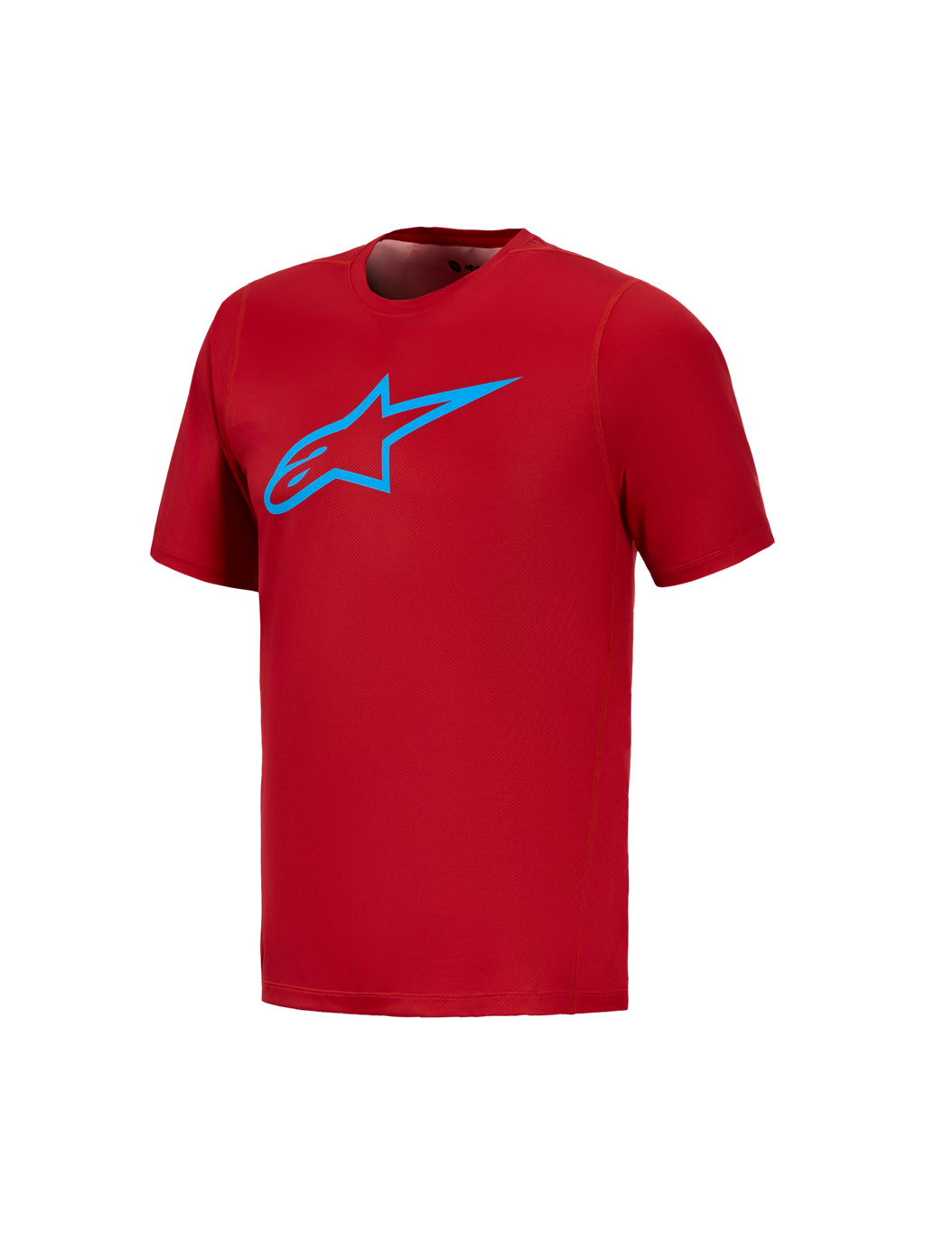 Alpinestars A-Dura Ride Maglia rossa a maniche corte, logo Astars blu vibrante sul petto, abbigliamento tecnico MTB.