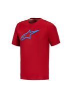 Alpinestars A-Dura Ride Maglia rossa a maniche corte, logo Astars blu vibrante sul petto, abbigliamento tecnico MTB.