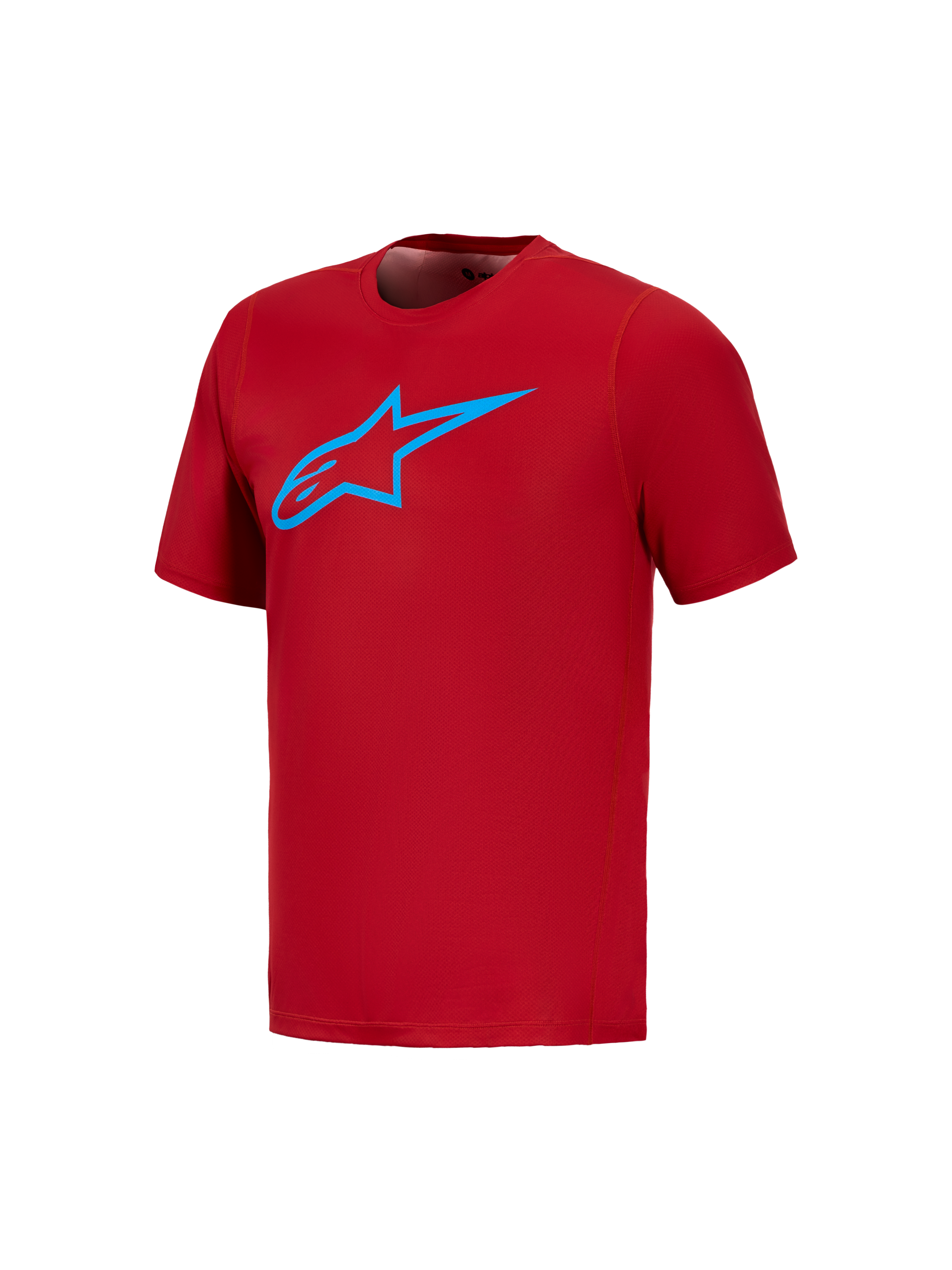 Alpinestars A-Dura Ride Maglia rossa a maniche corte, logo Astars blu vibrante sul petto, abbigliamento tecnico MTB.