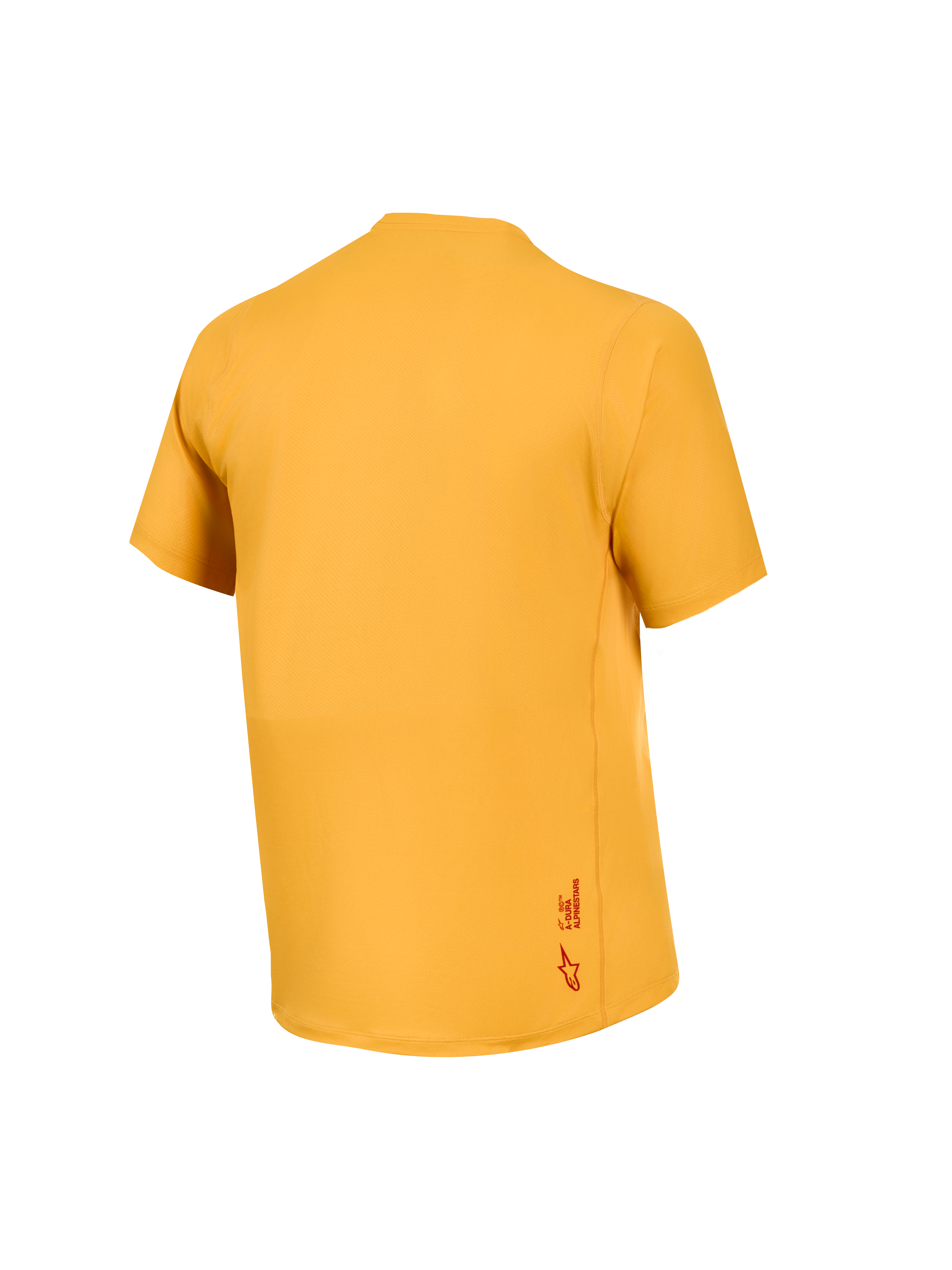 Maglia Alpinestars A-Dura Ride arancione, vista posteriore in tessuto jacquard con logo Astars sul bordo inferiore.