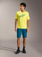 Maglia A-Dura Ride a maniche corte giallo fluo con logo teal, abbigliamento tecnico MTB Alpinestars da uomo.