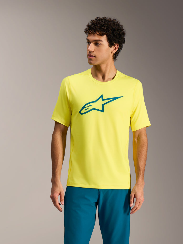 Maglia Alpinestars A-Dura Ride Giallo Fluo, top MTB a maniche corte con logo verde acqua, abbigliamento tecnico da ciclismo