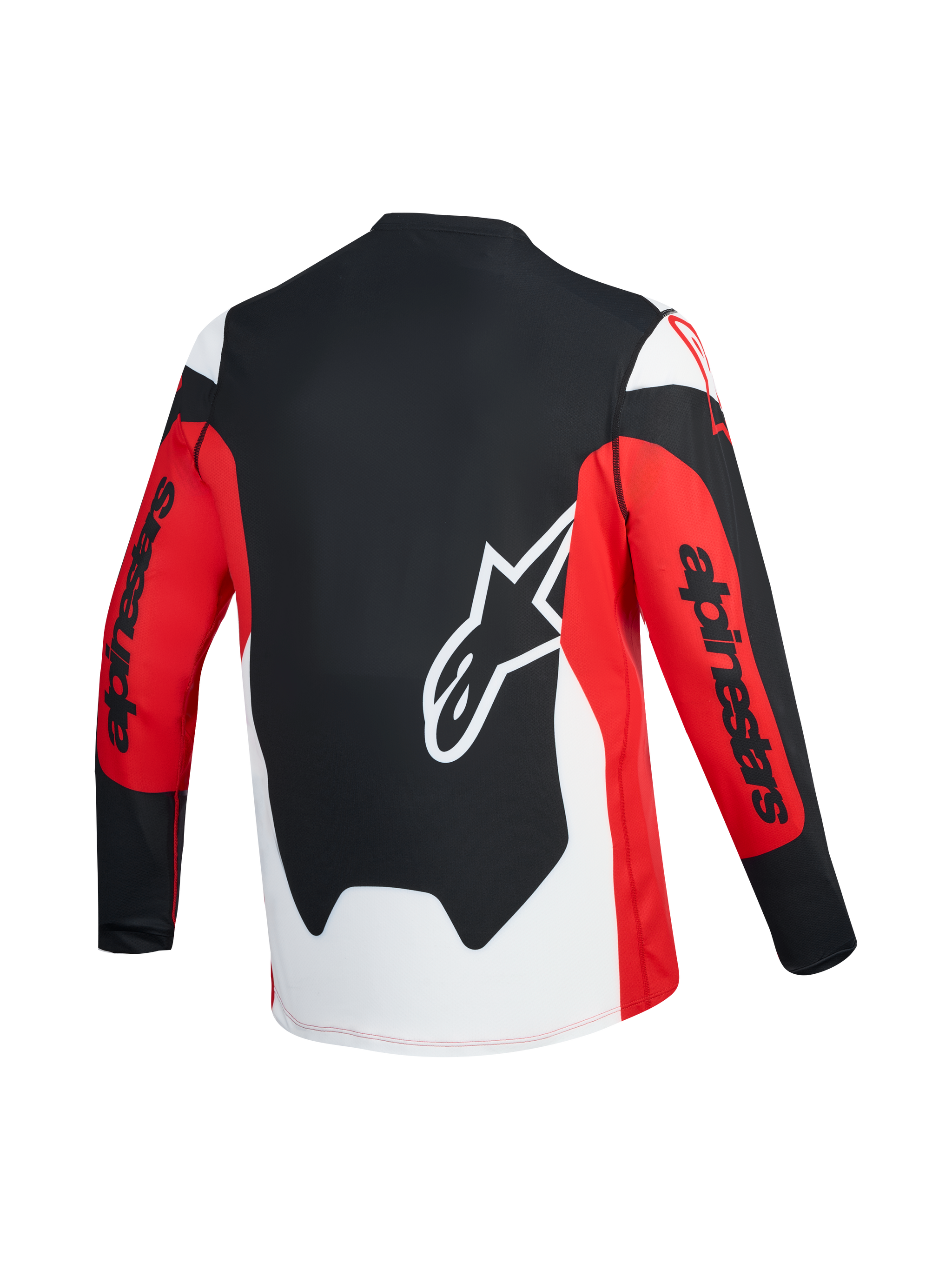 Maglia A-Dura Race rossa e nera, vista posteriore con logo Astars bianco e branding Alpinestars sulle maniche.