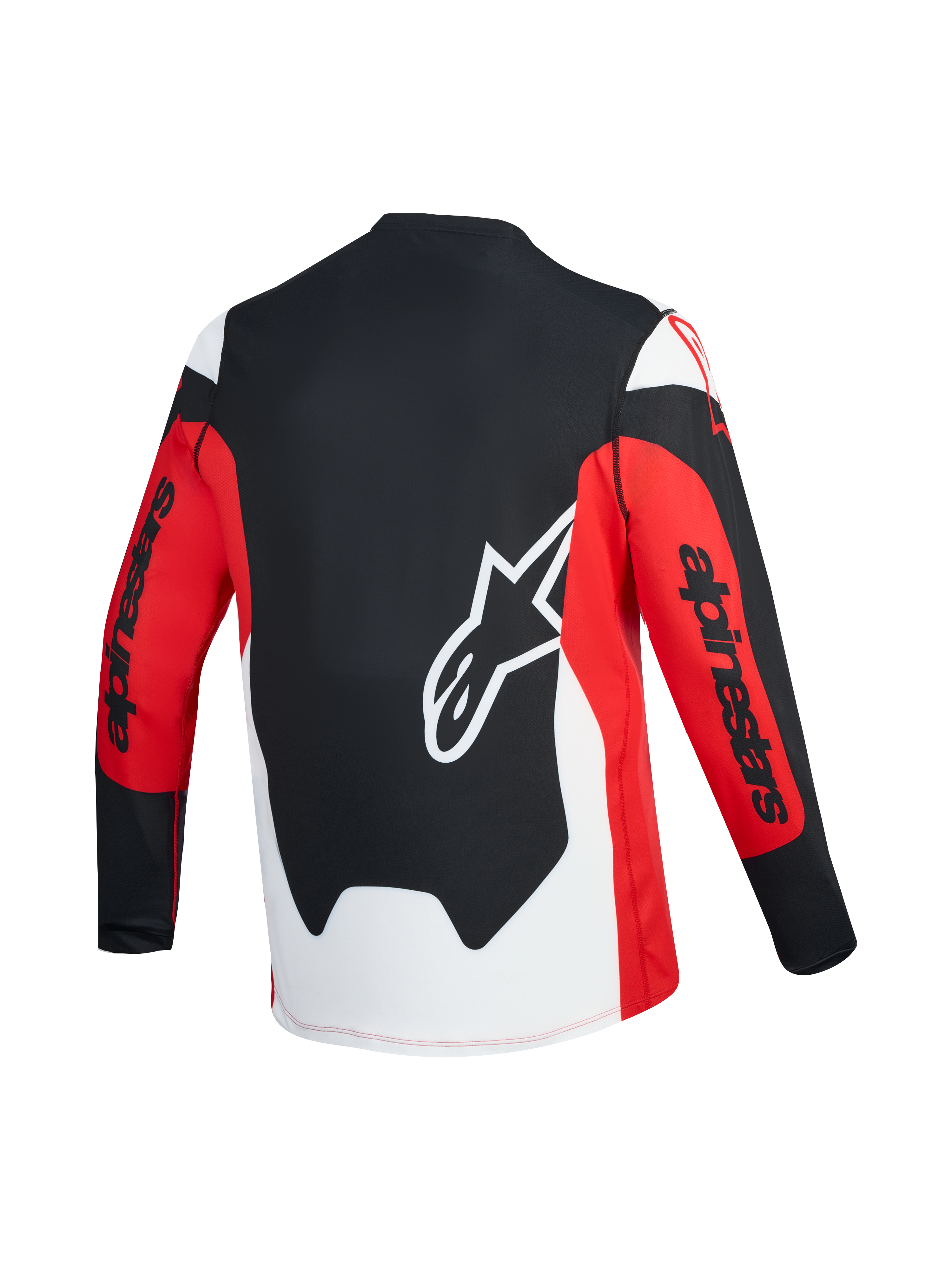Maglia A-Dura Race rossa e nera, vista posteriore con logo Astars bianco e branding Alpinestars sulle maniche.