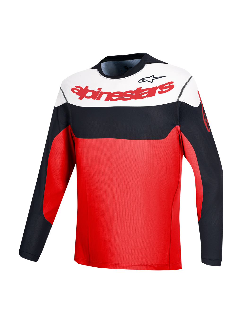 Maglia a maniche lunghe A-Dura Race rossa con branding Alpinestars e color-block nero e bianco per prestazioni MTB.