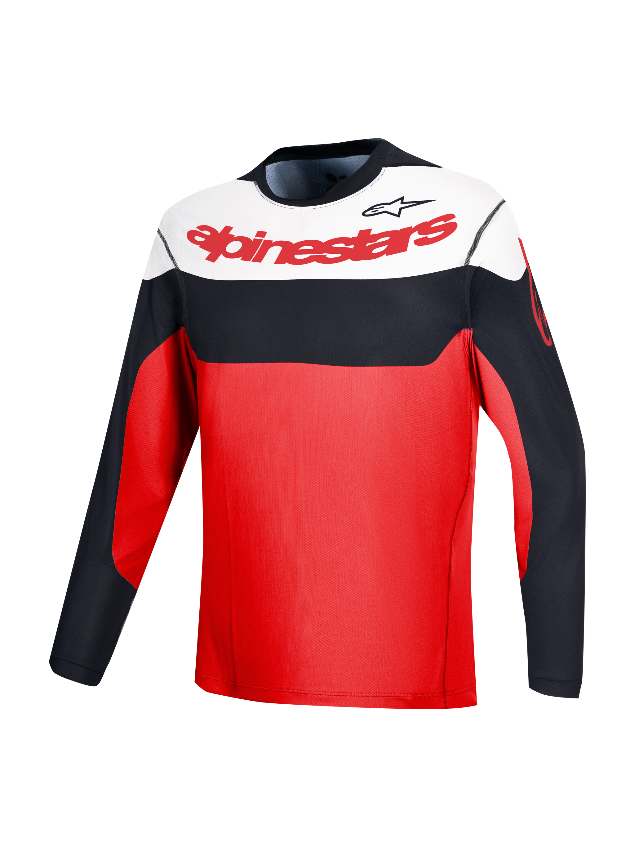 Maglia a maniche lunghe A-Dura Race rossa con branding Alpinestars e color-block nero e bianco per prestazioni MTB.