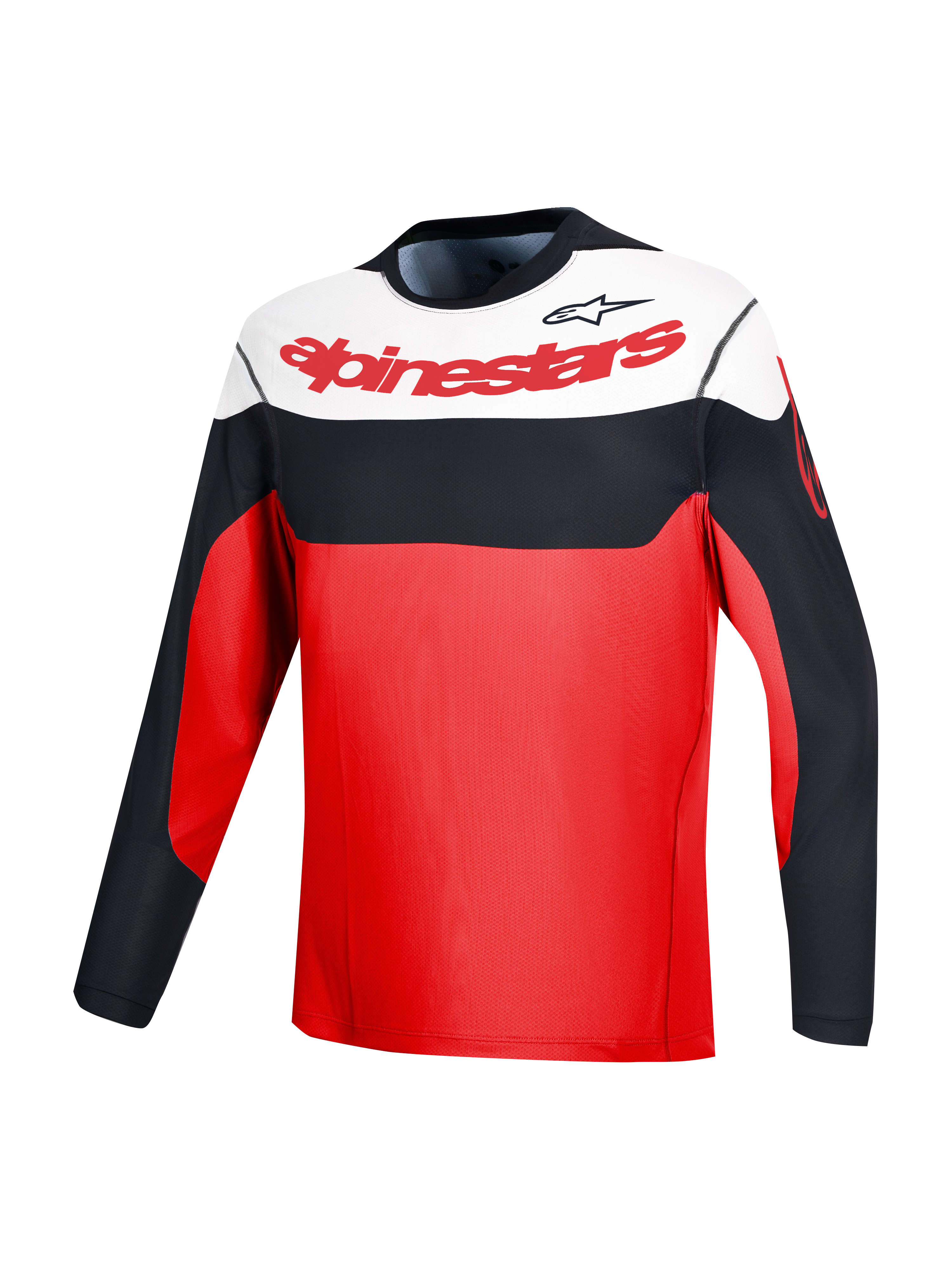 Maglia a maniche lunghe A-Dura Race rossa con branding Alpinestars e color-block nero e bianco per prestazioni MTB.