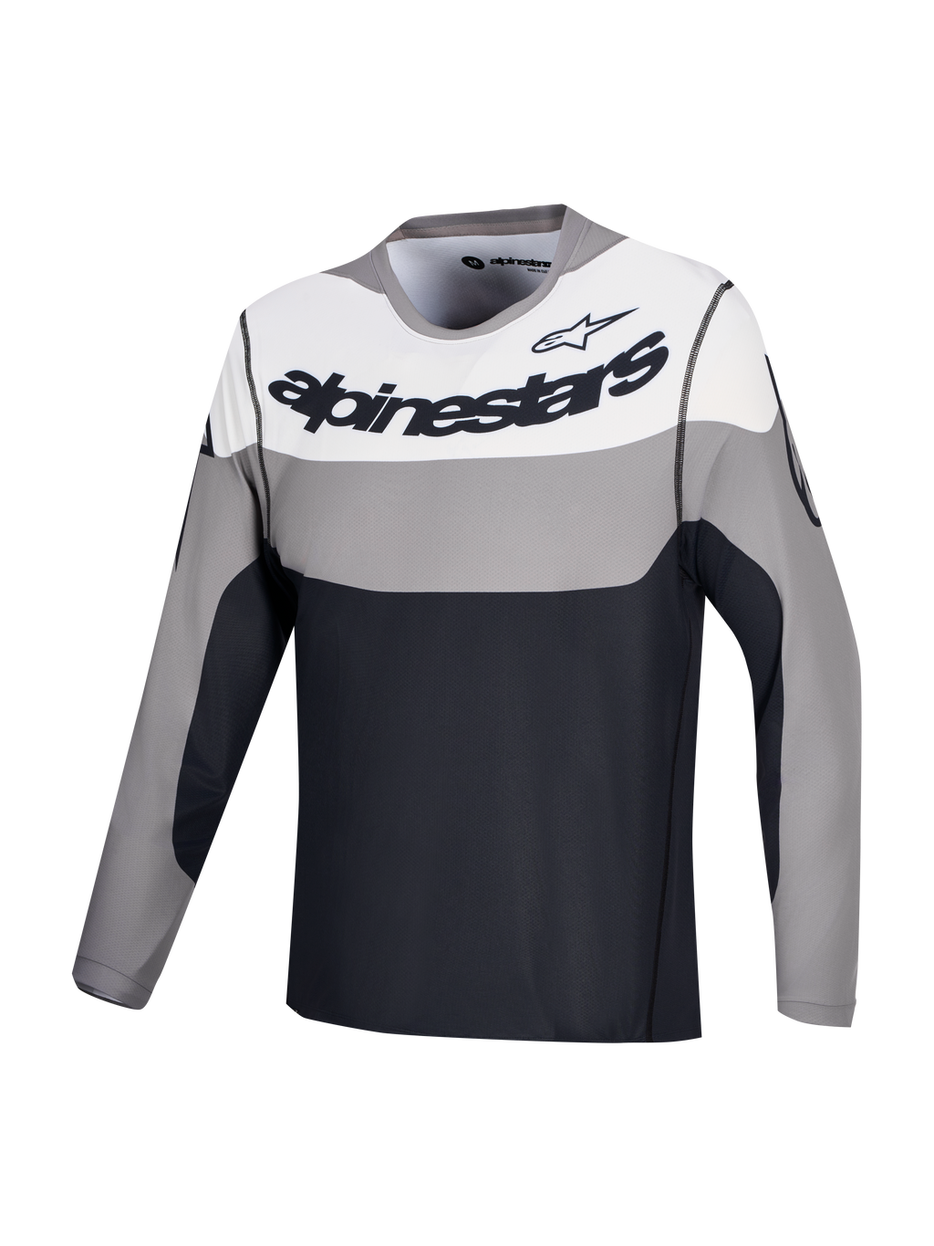 Alpinestars Maglia A-Dura Race, maglia da ciclismo MTB a maniche lunghe, grigio, bianco e nero con grafica del logo sul petto, tessuto riciclato leggero ed elasticizzato