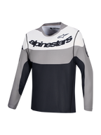 Alpinestars Maglia A-Dura Race, maglia da ciclismo MTB a maniche lunghe, grigio, bianco e nero con grafica del logo sul petto, tessuto riciclato leggero ed elasticizzato